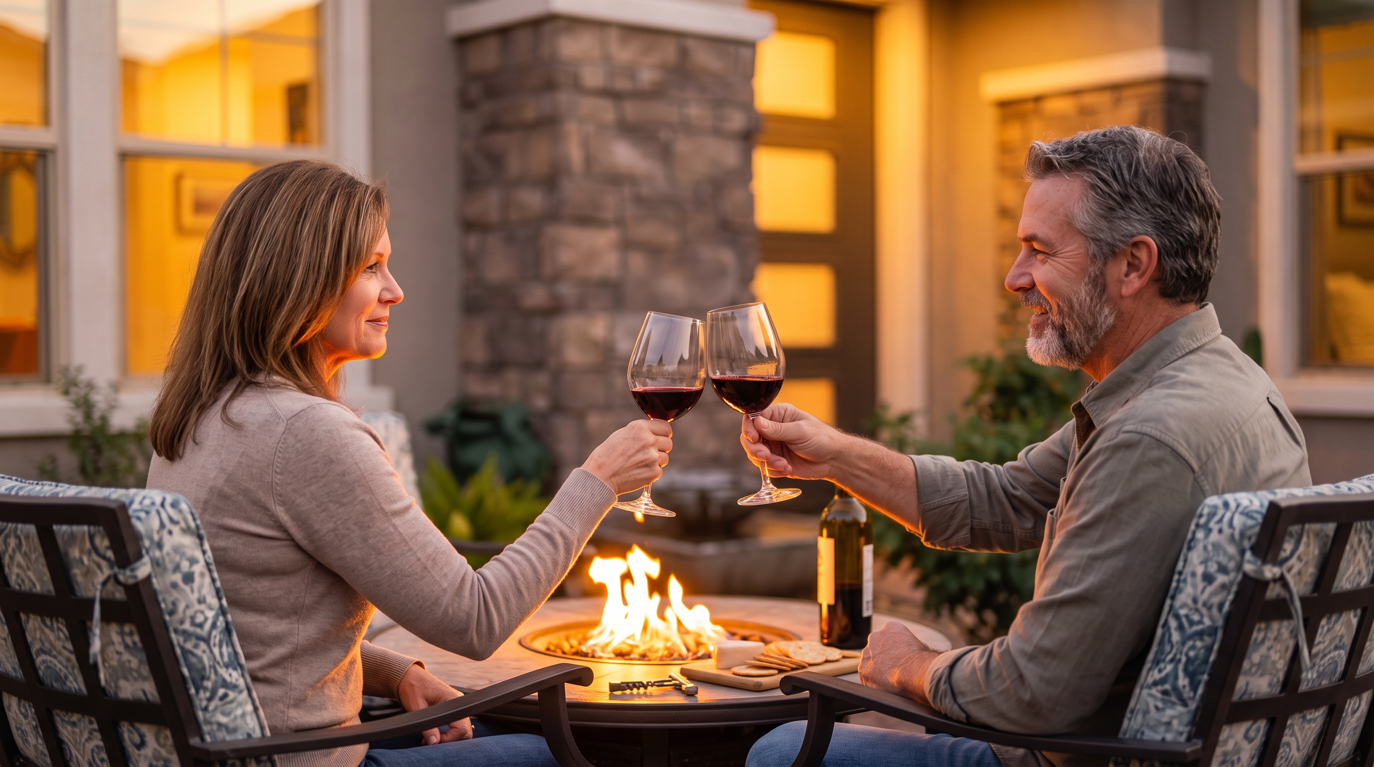 This outdoor patio space features a cozy gas fire pit area perfect for evening relaxation and entertaining. The scene highlights a comfortable, inviting atmosphere set against the backdrop of a modern residential home exterior, emphasizing an ideal lifestyle amenity for prospective homebuyers.