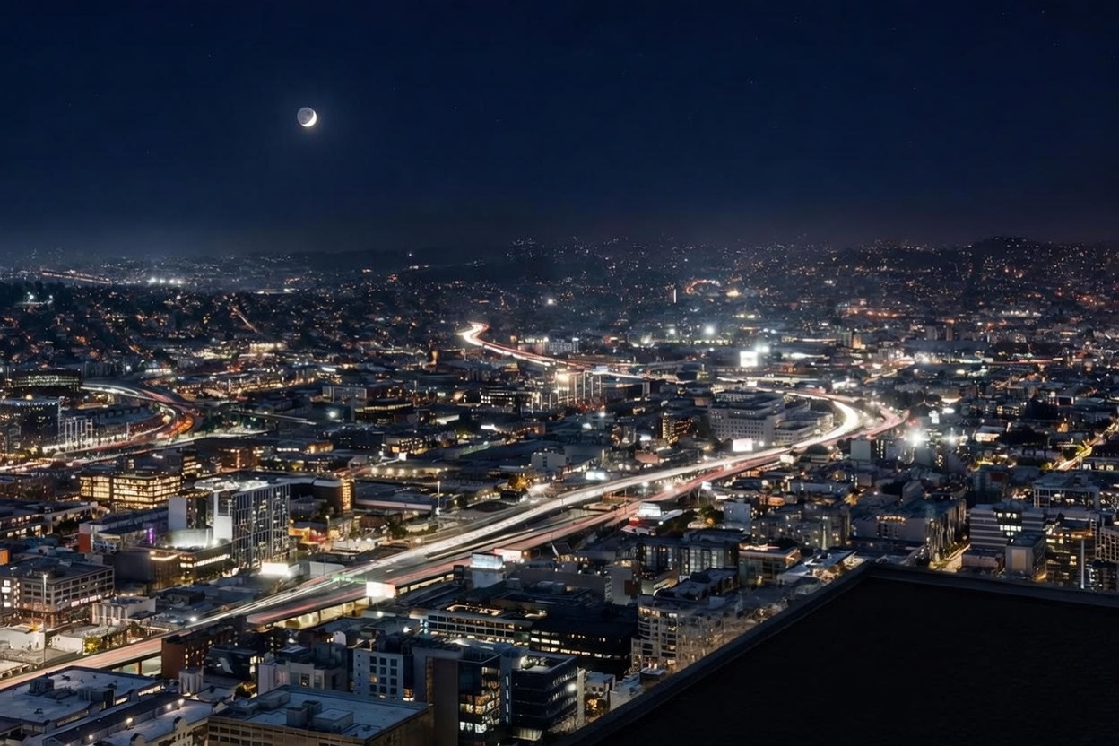 This high-angle aerial view captures a sprawling urban cityscape at night, illuminated by the vibrant glow of streetlights and flowing traffic along a major highway. The scene features a dense collection of residential and commercial buildings, with a crescent moon hanging in the clear, dark sky above. The perspective provides a cinematic overview of the city's infrastructure and density, highlighting the dynamic energy of the metropolitan environment.