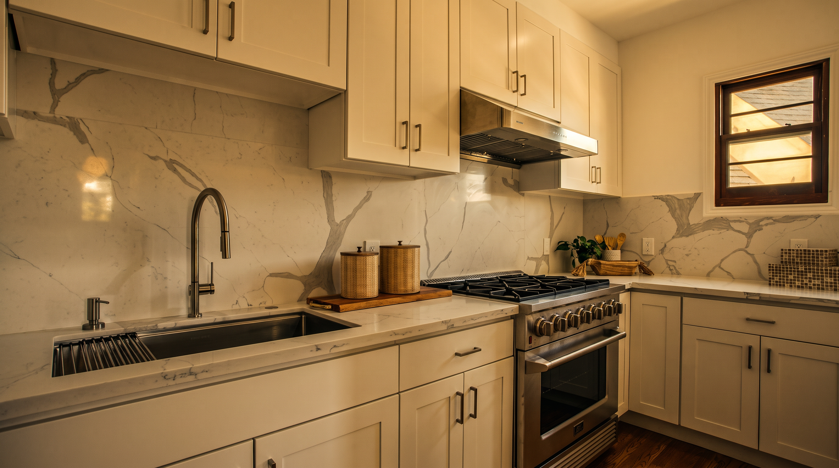 This bright, modern kitchen features crisp white cabinetry paired with a striking stone backsplash that extends across the wall. A stainless steel range and matching hood serve as the focal point, complemented by a deep undermount sink and a professional-style faucet. The space is finished with warm wood flooring and clean, light-toned countertops, creating a polished and inviting culinary environment.
