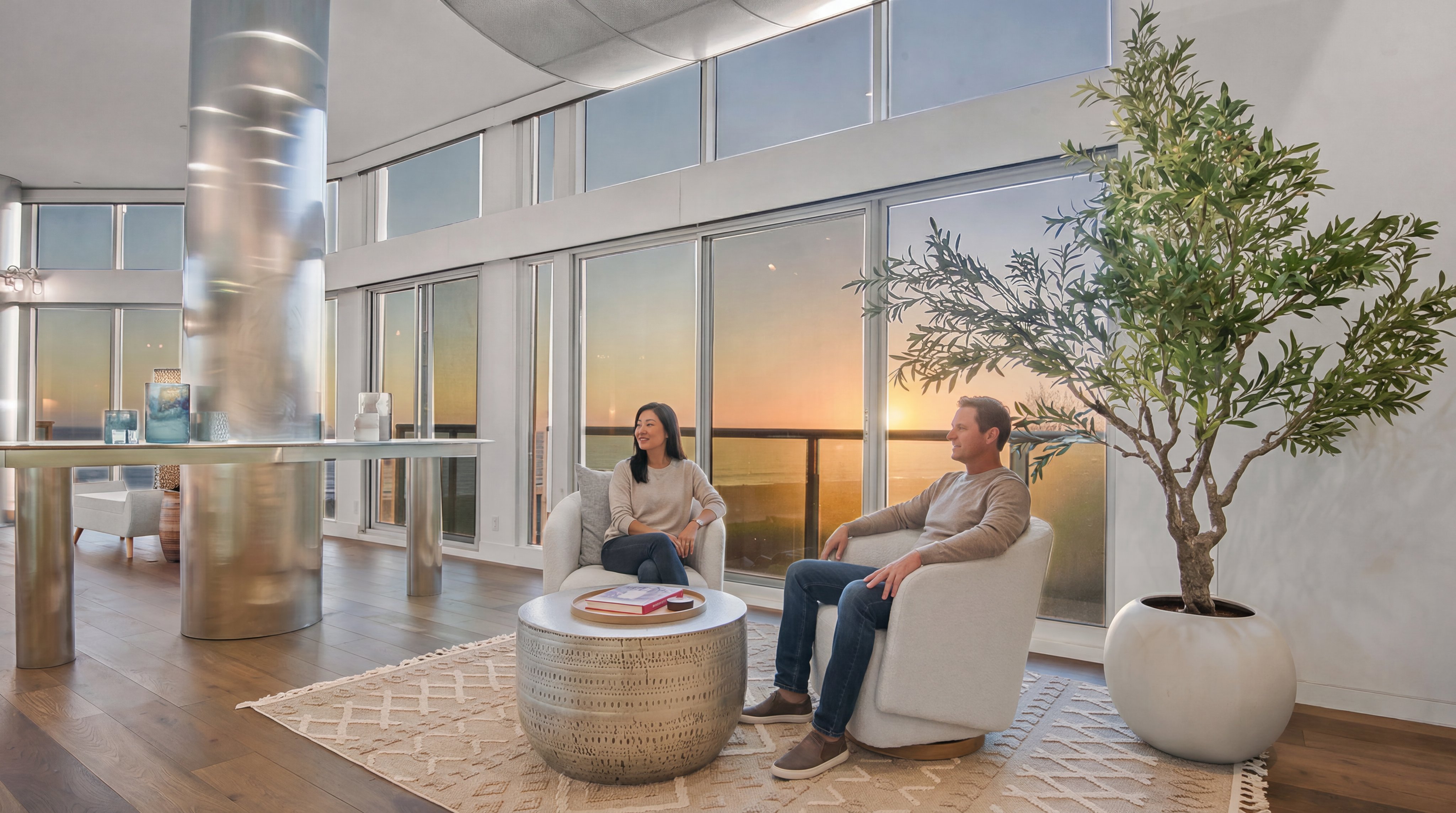 This sophisticated, sun-drenched living space highlights a dramatic, circular metal architectural column and expansive floor-to-ceiling windows with breathtaking sunset ocean views. The area features contemporary styling with plush, neutral-toned swivel armchairs, a textured metallic coffee table, and a patterned area rug, all creating an inviting atmosphere for relaxation. Its open, airy design seamlessly blends luxury with comfort, emphasizing the panoramic coastal scenery as the room's central focal point.