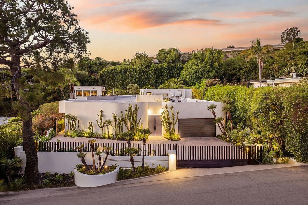 This striking contemporary residence features a smooth, white stucco facade with a distinctive curved architectural design. The front exterior is enhanced by a curated desert-inspired landscape, including tall cacti and manicured greenery, set behind a modern vertical-slat gate. The scene is captured at dusk, with warm lighting highlighting the entryway and the home's clean, minimalist lines against a vibrant sunset sky.