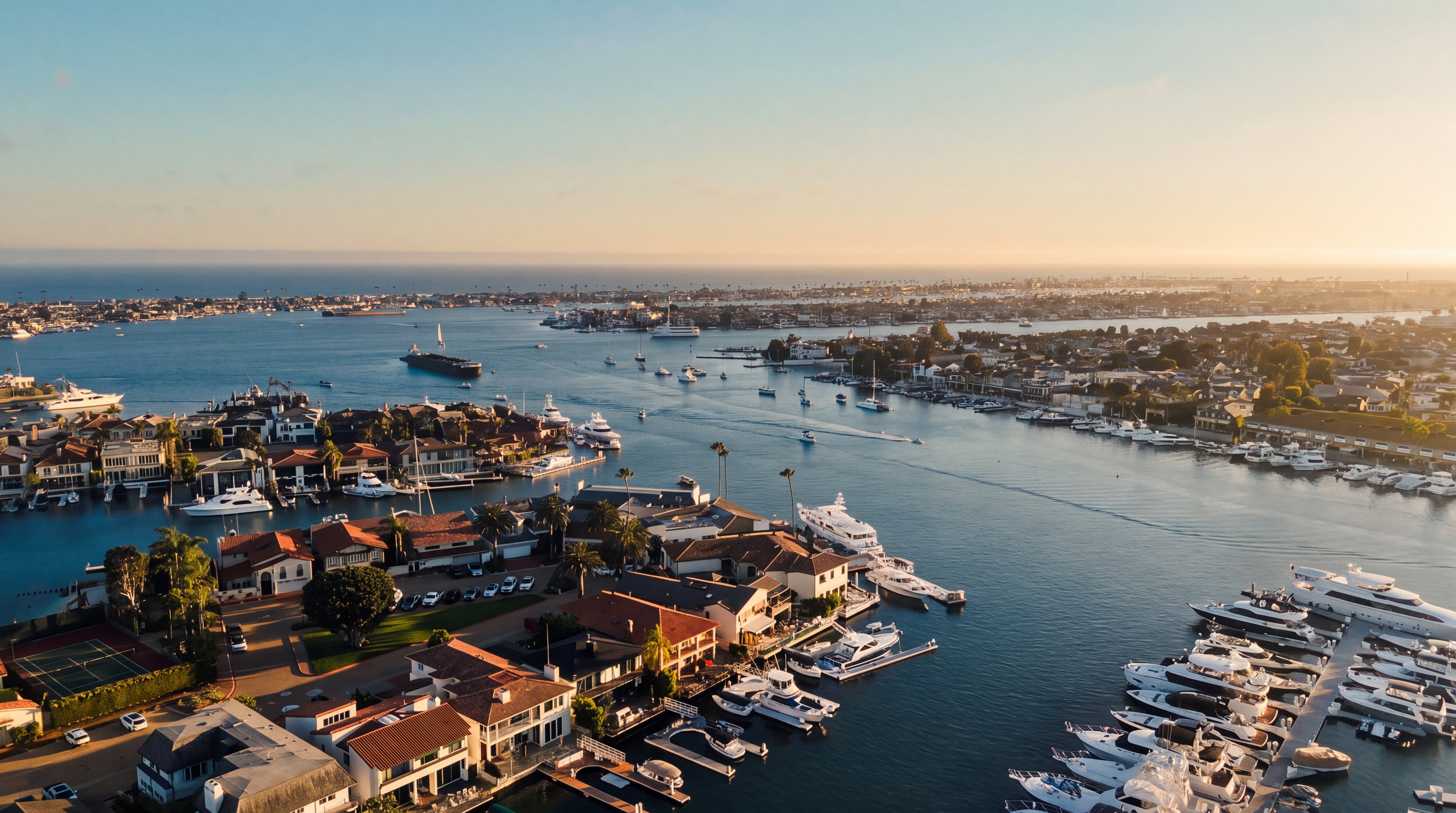This high-angle aerial view captures a picturesque waterfront neighborhood in a coastal setting, featuring numerous luxury homes with private docks and boat slips. The scene showcases a calm harbor filled with various yachts and boats, extending toward the open ocean under a clear, bright sky. The perspective emphasizes the prime location and the seamless integration of residential living with maritime access.