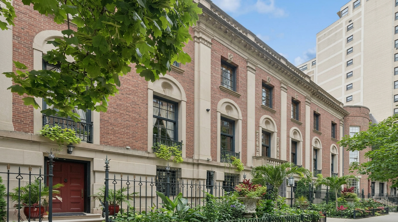 This image captures the elegant front facade of a historic brick townhouse, characterized by its classical architectural details, including stone trim, arched window surrounds, and a decorative cornice. A lush, well-manicured garden with vibrant flowers and greenery sits behind a black wrought-iron fence, leading to a prominent red front door. The perspective is a street-level view looking up at the building, highlighting its stately presence and sophisticated urban aesthetic.