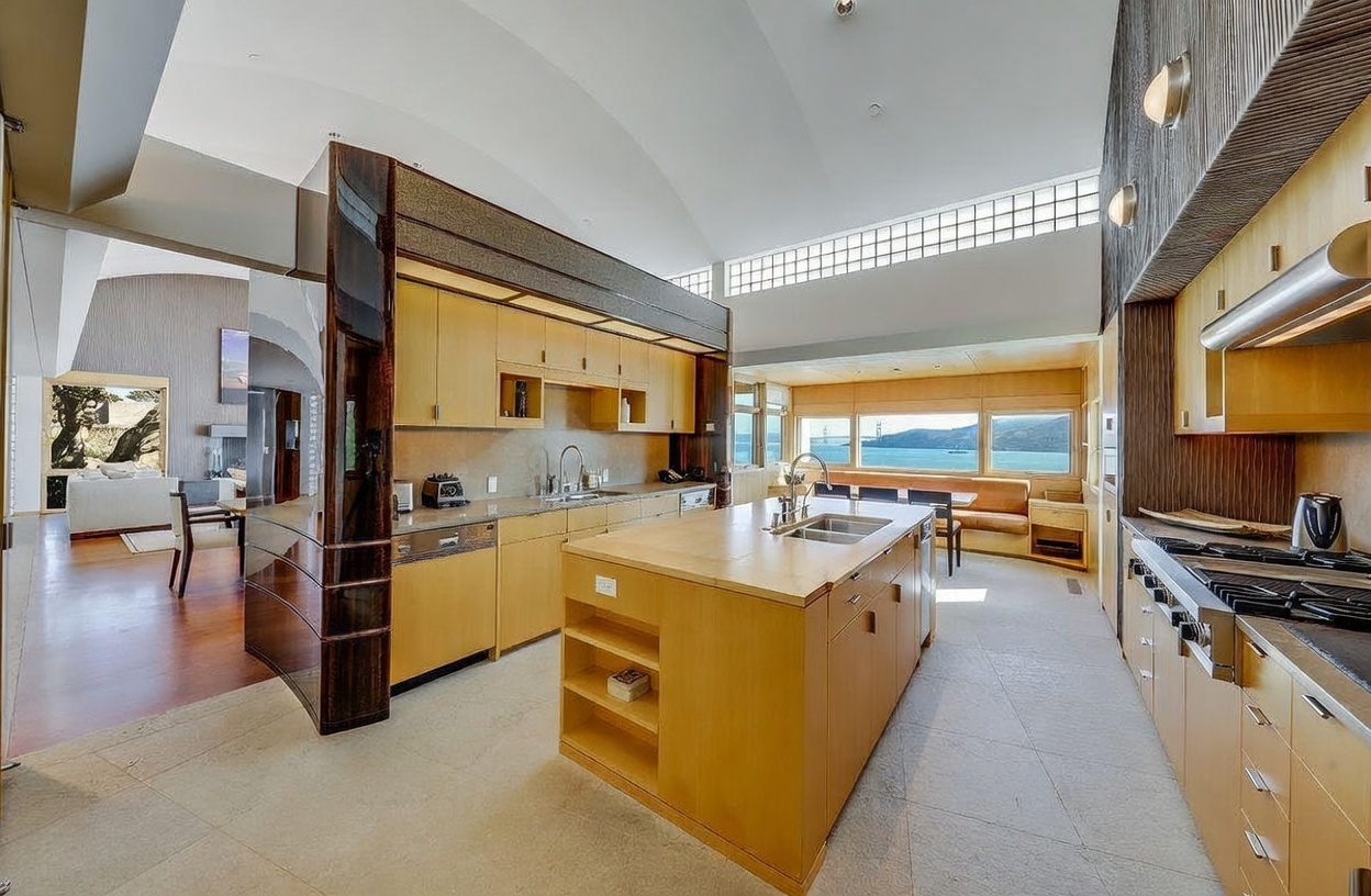 This spacious, modern kitchen features light wood cabinetry, a large central island with a built-in sink, and stainless steel appliances. The room is bathed in natural light from a clerestory window and large windows that frame a scenic water view. The open-concept design flows seamlessly into an adjacent dining area and living space, creating an airy and sophisticated atmosphere.