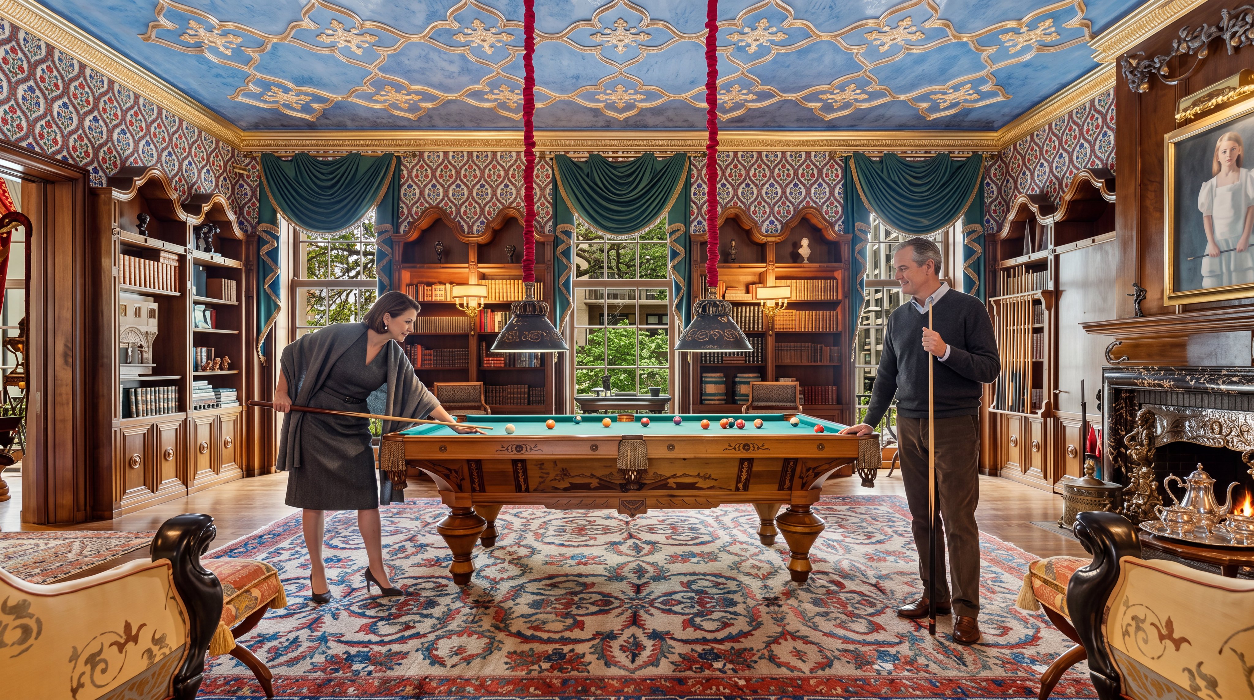 This opulent study or game room features a central billiard table set upon a large, intricately patterned area rug. The room is defined by its ornate blue ceiling with gold detailing, rich wood-paneled walls with built-in bookshelves, and a fireplace with an elaborate, decorative surround. Large windows draped in teal fabric provide natural light, while two hanging pendant lights illuminate the gaming area, creating a sophisticated and historic atmosphere.