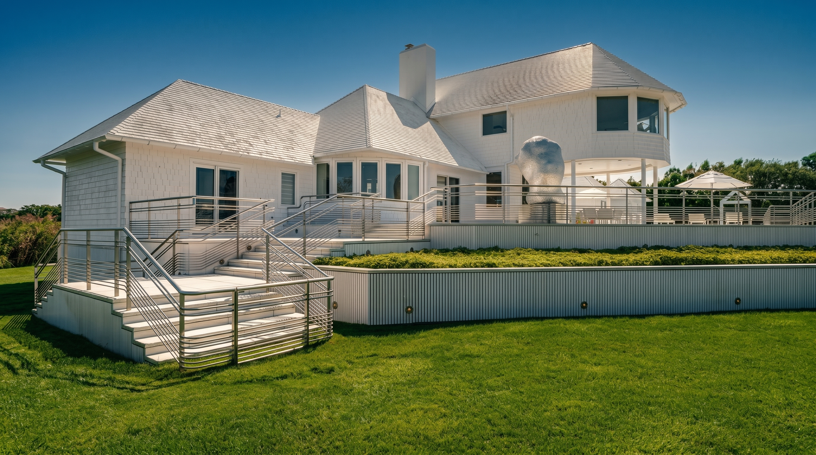This rear view of a bright white, shingled home showcases a multi-level outdoor living space with tiered decks and modern stainless steel railings. A manicured green lawn leads up to a raised garden bed and a spacious patio area, creating a seamless transition between the architecture and the landscape. The bright, clear sky emphasizes the clean lines and contemporary design of the home's exterior.