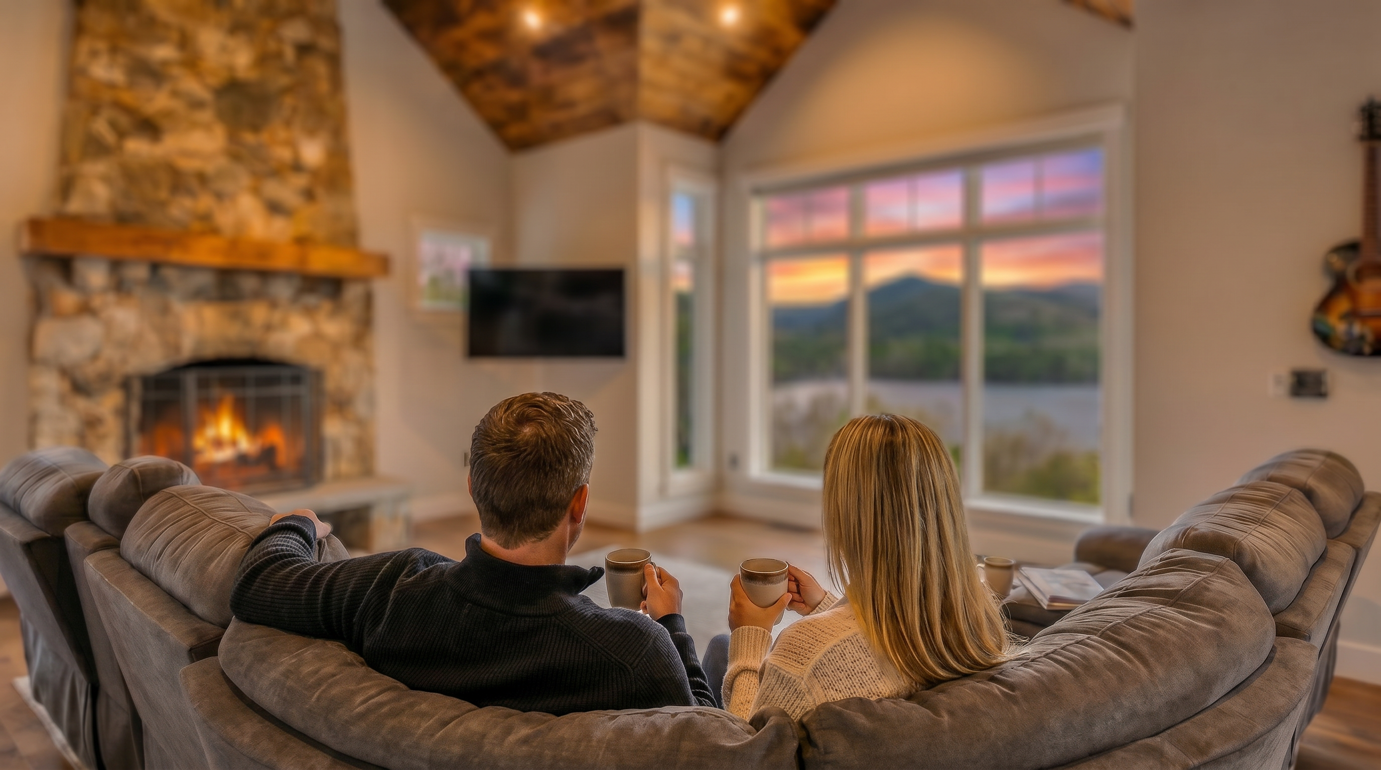 This spacious living room features a vaulted ceiling with exposed wood planking and a large stone-clad chimney breast that serves as a focal point. A plush, curved sectional sofa faces a wall-mounted television and a expansive window wall that frames a scenic view of a lake and mountains. The room is finished with light wood flooring and a decorative guitar mounted on the wall, creating a cozy and inviting atmosphere.