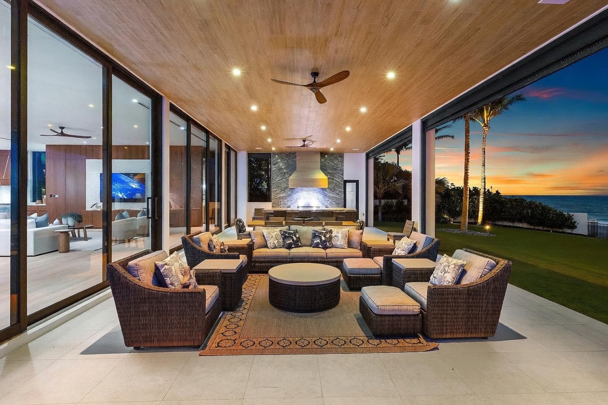 This expansive covered outdoor living area features a sophisticated lounge arrangement with wicker-style seating and a central circular coffee table set upon a patterned area rug. The space is defined by a warm wood-paneled ceiling with recessed lighting and a full-height stone-clad wall housing an outdoor kitchen and grill area. Large glass sliding doors provide a seamless transition to the interior living space, while the open side offers an unobstructed view of a manicured lawn and the ocean at sunset.