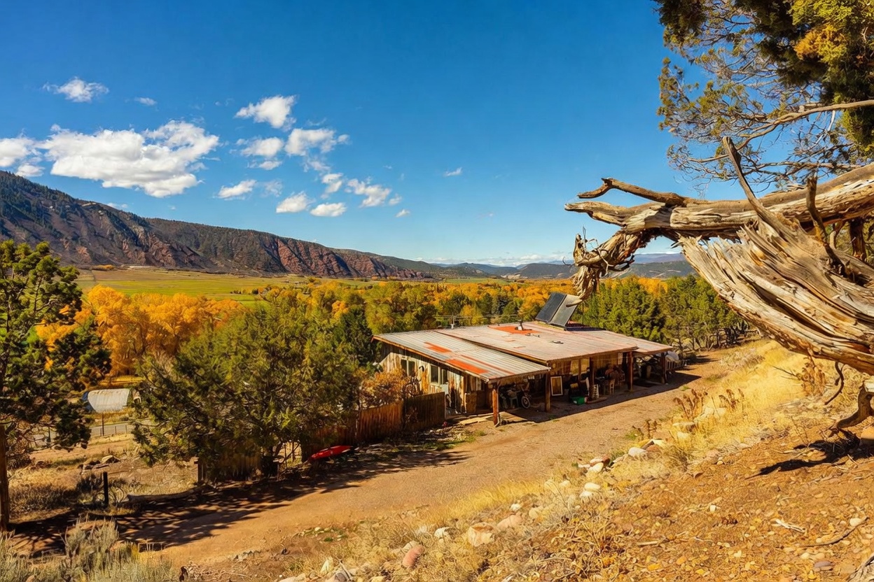 This elevated, wide-angle shot captures a rustic, single-story home nestled into a hillside, overlooking a vast, vibrant valley filled with autumn-colored trees. The house features a weathered metal roof, a covered porch area, and solar panels, blending seamlessly into the rugged, natural landscape. The perspective emphasizes the property's secluded setting and its expansive, scenic views of the surrounding mountains and plains.