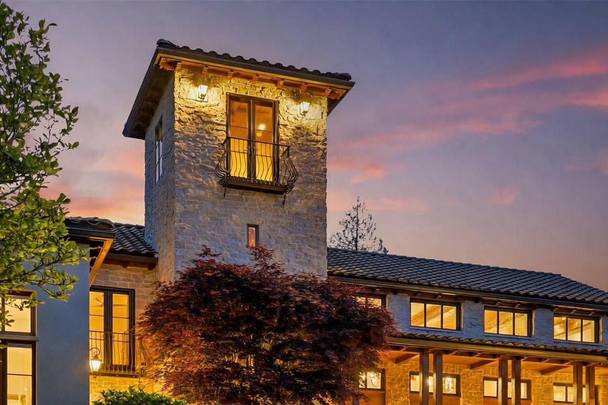 This striking Mediterranean-style residence features a prominent stone-clad tower with a wrought-iron balcony and a tiled roof. The warm, golden hour lighting highlights the textured stone facade and the dark-framed windows, creating an inviting and sophisticated atmosphere. A mature, deep-red Japanese maple tree stands in the foreground, adding a vibrant contrast to the earthy tones of the architecture.