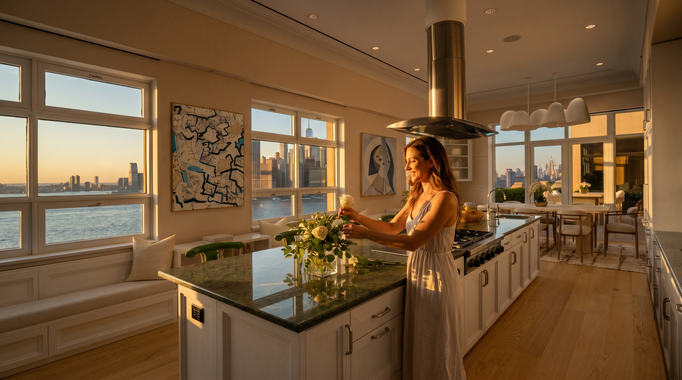 This bright and airy kitchen features a large central island with a dark stone countertop, white cabinetry, and a professional-grade stainless steel range hood. The space is bathed in natural light from expansive windows that offer stunning panoramic views of the city skyline and waterfront. A dining area is seamlessly integrated into the open-concept layout, creating a sophisticated and inviting atmosphere perfect for modern living.