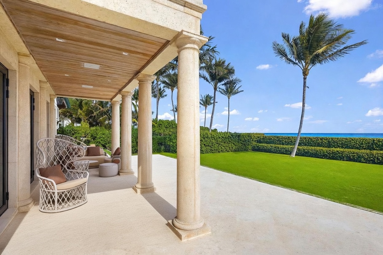This elegant covered patio features classic stone columns and a light wood-paneled ceiling, creating a sophisticated outdoor living space. The area is furnished with comfortable lounge seating, including woven chairs and plush sofas, all oriented toward a manicured lawn and the ocean beyond. The perspective captures the seamless transition from the shaded terrace to the expansive, sunny backyard and the horizon.