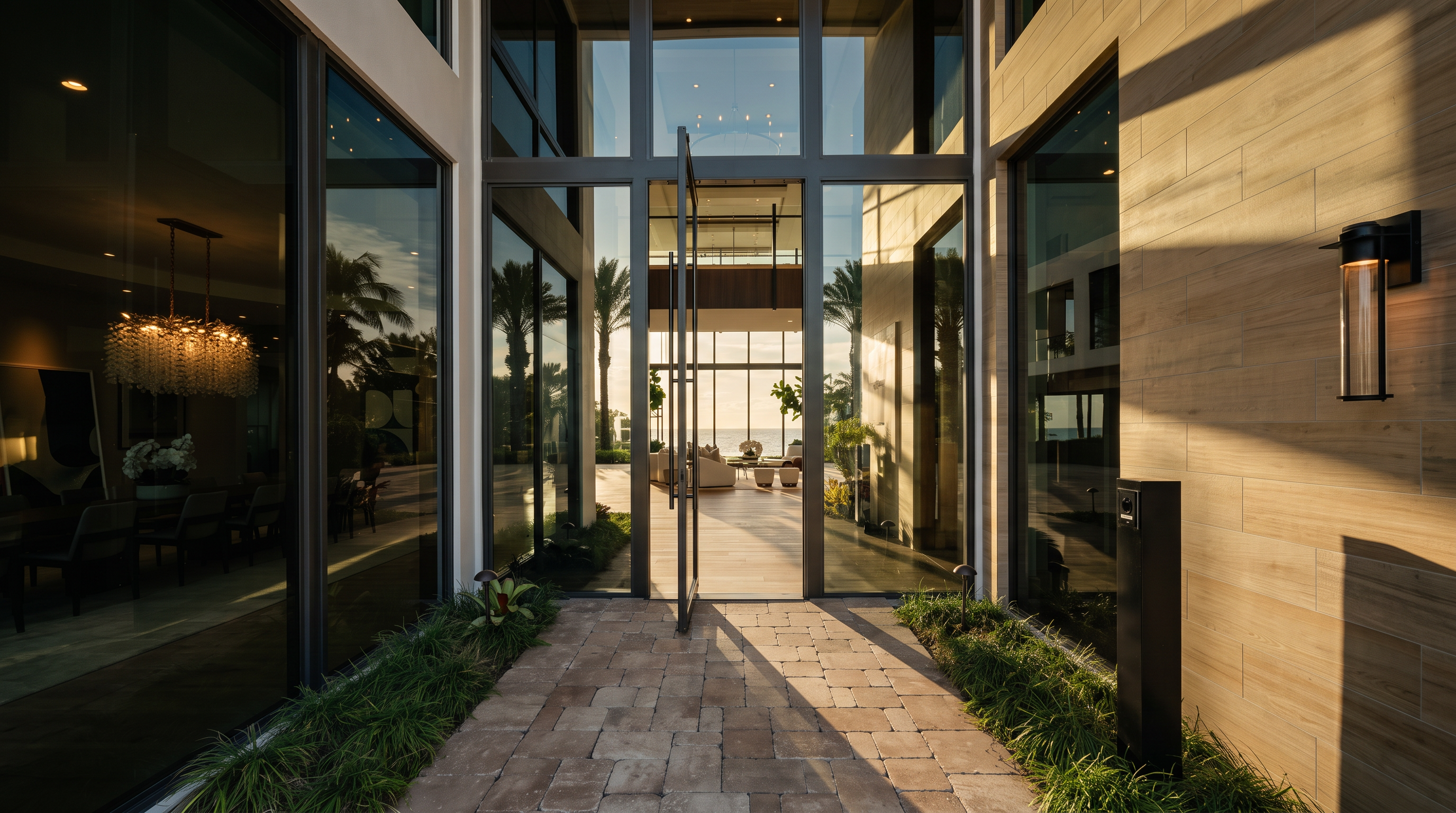 This striking entryway features a massive, modern glass pivot door framed by expansive floor-to-ceiling glass panels that offer a transparent view through the home to the ocean beyond. The approach is paved with light-toned stone pavers, flanked by manicured green landscaping and low-profile landscape lighting. The exterior facade combines light-colored stone cladding with sleek metal framing, creating a sophisticated and open architectural aesthetic.