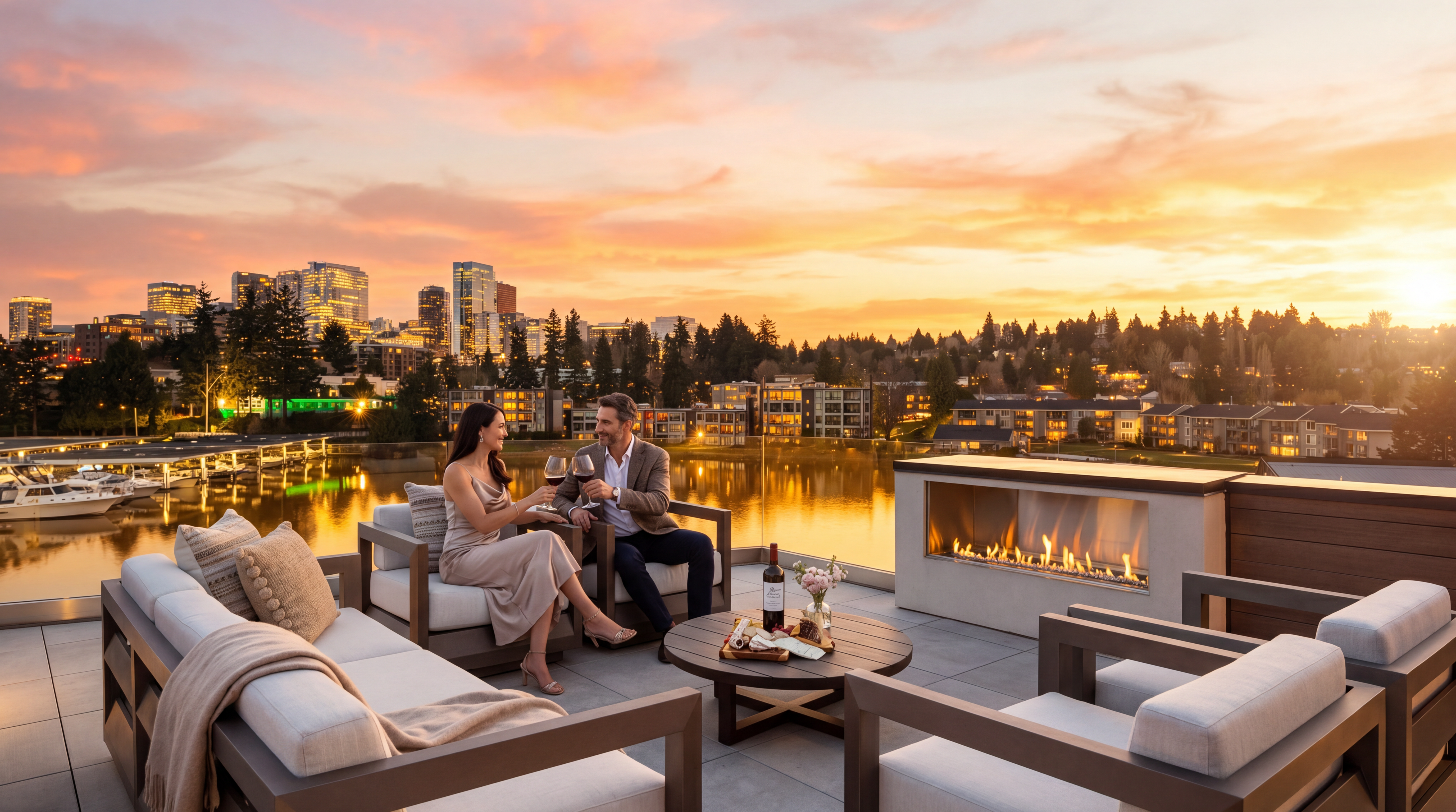 This expansive rooftop terrace offers a sophisticated outdoor living space furnished with modern, clean-lined seating arranged around a central circular coffee table. A linear, glass-enclosed gas fireplace provides a focal point, while the elevated vantage point captures a stunning panoramic view of the city skyline and the tranquil water below at dusk. The setting creates an elegant, high-end atmosphere perfect for evening entertaining.
