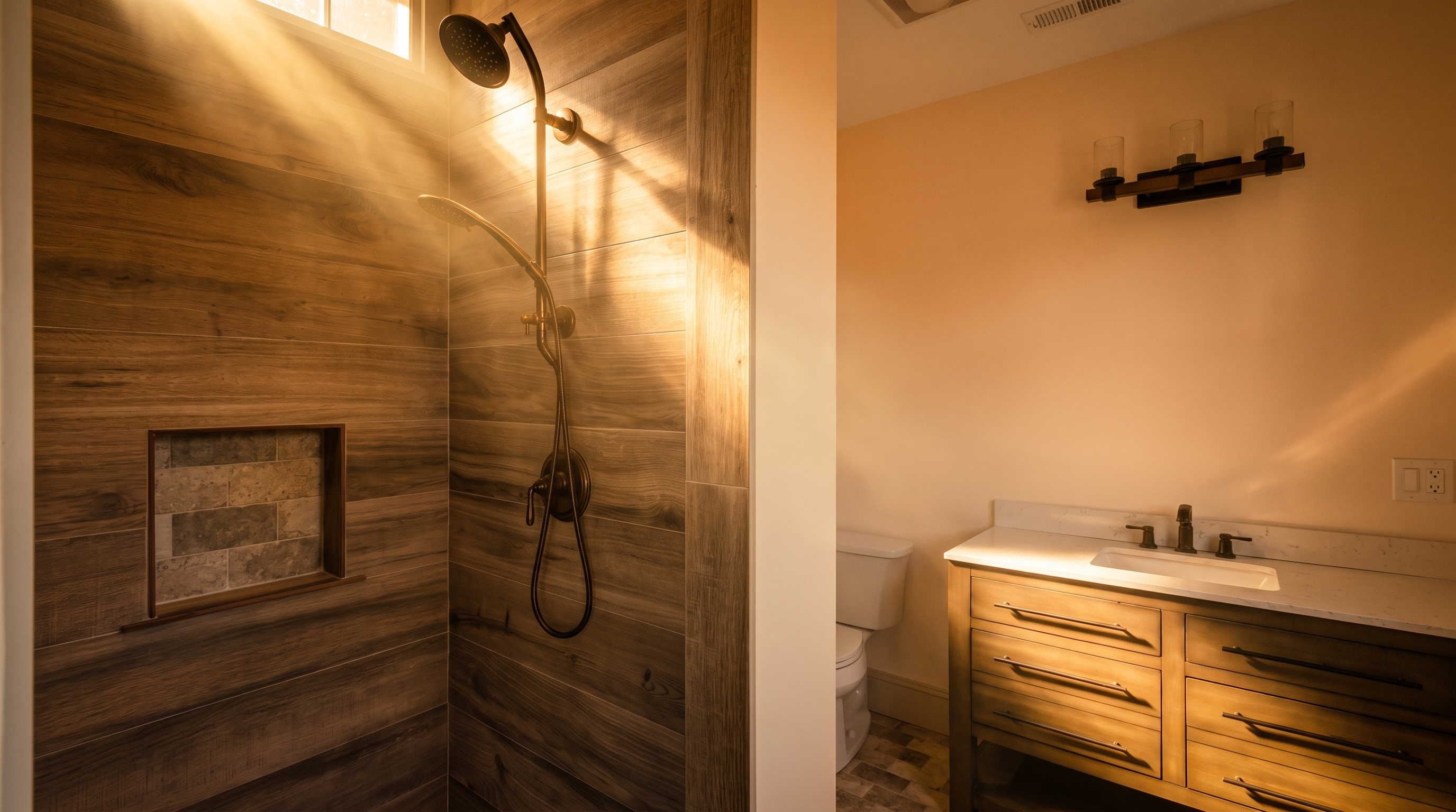 This spacious primary bathroom features a modern walk-in shower with horizontal wood-look porcelain tile and a convenient built-in niche. Adjacent to the shower, the vanity area includes a dark-toned rustic wooden cabinet with a sleek white countertop and matching dark bronze hardware. The room combines natural wood aesthetics with industrial accents, creating a warm and sophisticated retreat.