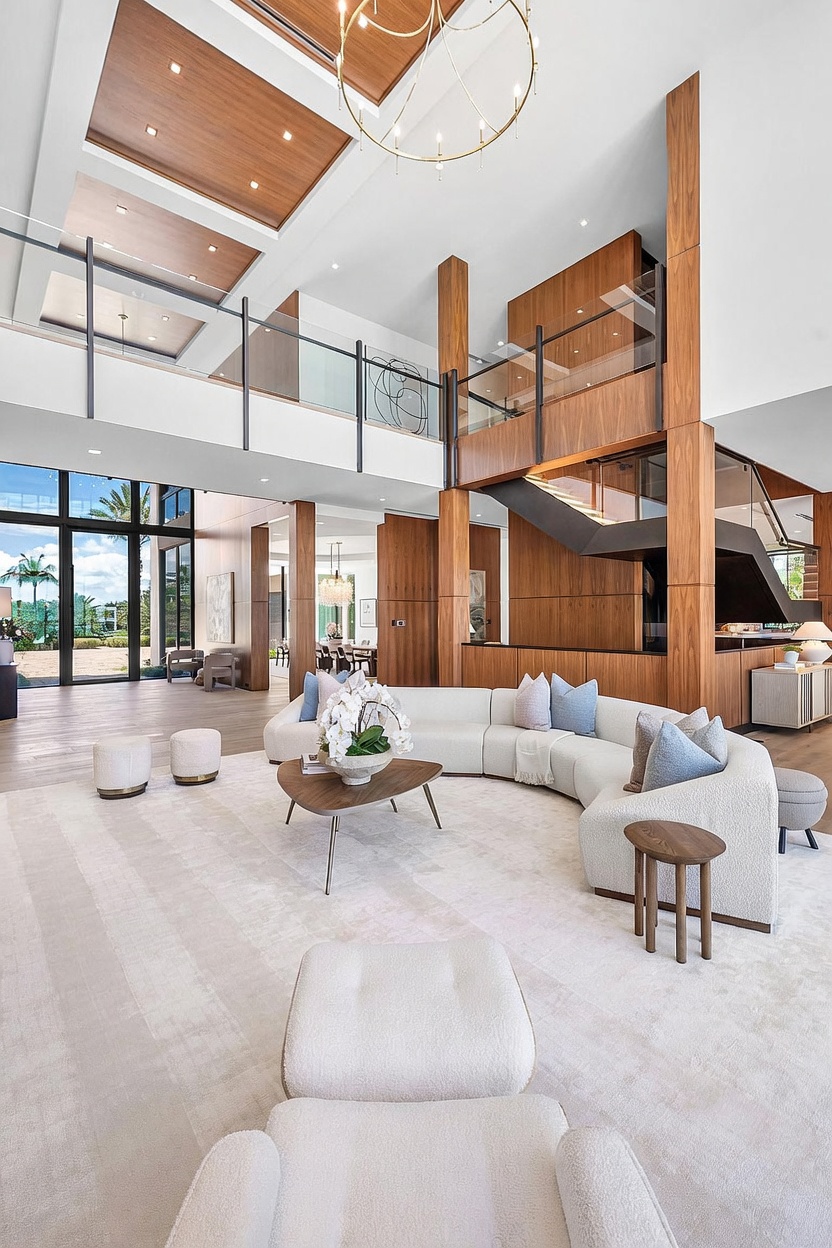 This expansive, double-height living room features a sophisticated open-concept design with warm wood paneling and a neutral color palette. A large, curved sectional sofa centers the space, complemented by a sculptural coffee table and plush seating, all set against a backdrop of tall windows and a dramatic staircase. The architectural aesthetic is modern and airy, highlighted by recessed ceiling details and a large, elegant chandelier.