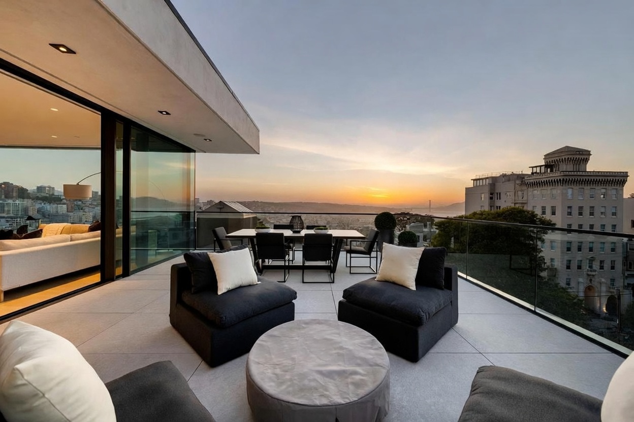 This expansive, modern balcony offers a sophisticated outdoor living space with a panoramic sunset view of the city skyline and the Golden Gate Bridge. The area is furnished with dark, plush lounge seating, a central circular ottoman, and a sleek dining set, all set against a backdrop of floor-to-ceiling glass walls that connect to the interior living space. The clean lines, neutral color palette, and glass railing emphasize a contemporary aesthetic designed for seamless indoor-outdoor entertaining.