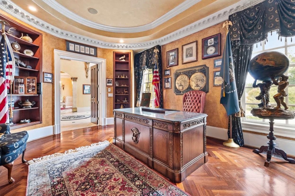 This stately home office features a replica of the Resolute Desk as its centerpiece, set against a backdrop of warm, textured walls and rich wood flooring. The room is adorned with patriotic decor, including flags and a large globe sculpture, while built-in shelving units provide ample display space. A wide doorway leads into an adjacent room, enhancing the sense of depth and grandeur in this traditional, executive-style workspace.