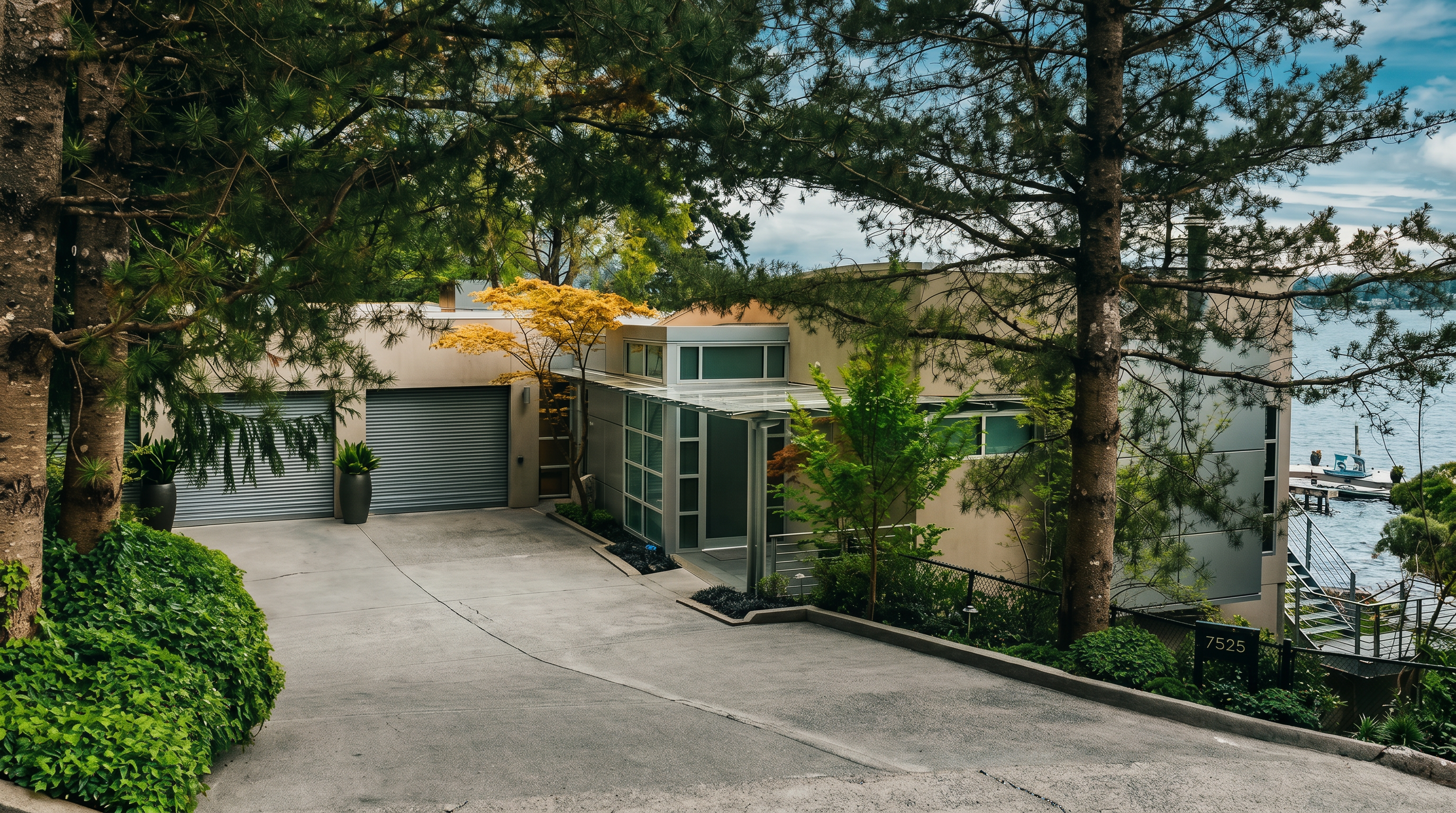 This contemporary residence features a multi-level design with a prominent two-car garage and a sleek, glass-heavy entryway. The home is nestled into a sloped, wooded lot, offering a direct view of the water and a private dock below. The architectural style emphasizes clean lines and modern materials, creating a sophisticated and private atmosphere.