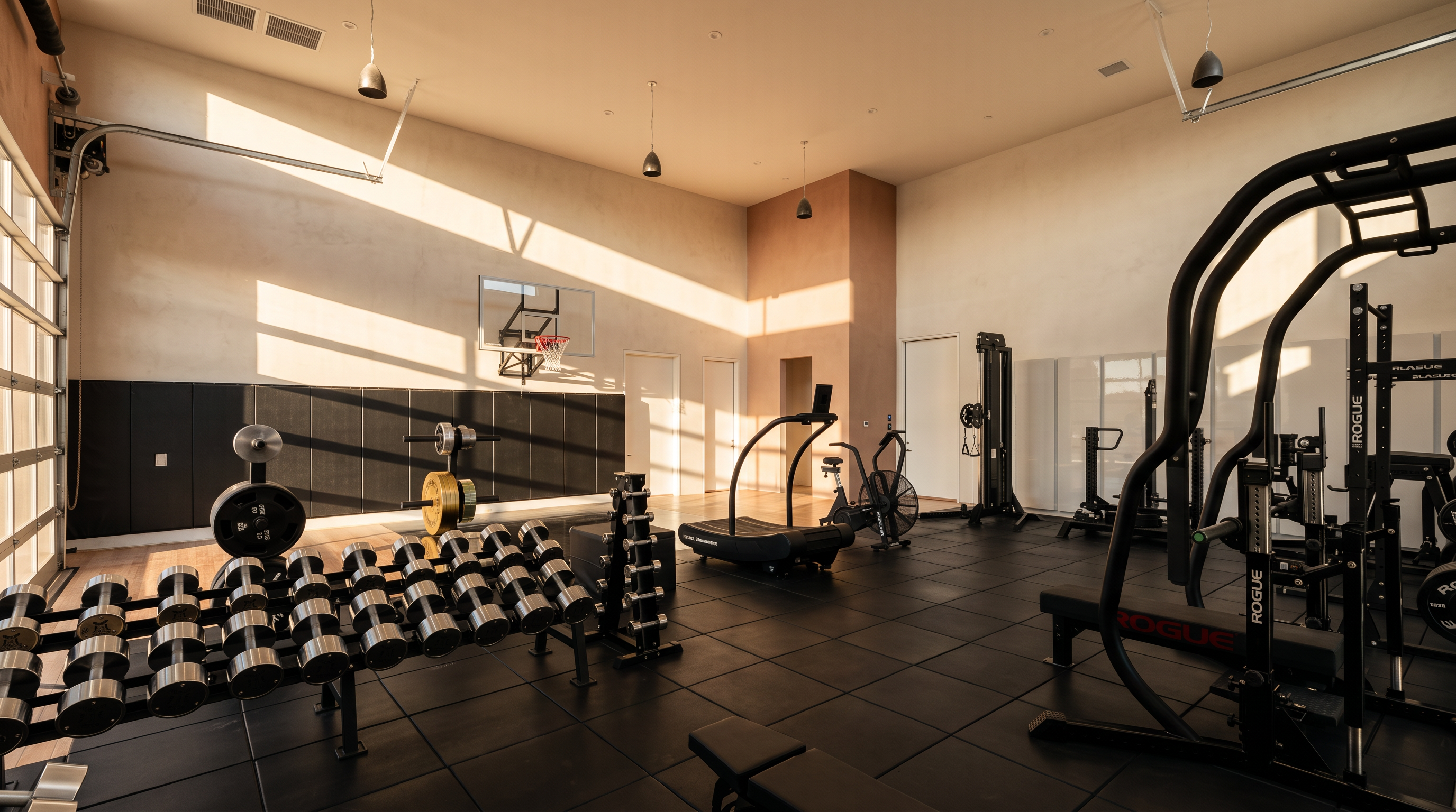 This spacious home gym features high ceilings, black rubber flooring, and a comprehensive array of professional-grade fitness equipment, including a Rogue power rack, a curved treadmill, and a rack of dumbbells. A basketball hoop is mounted on the back wall, which is lined with protective black padding, creating a functional and athletic environment. The room is brightly lit by multiple pendant lights and recessed lighting, emphasizing the clean, industrial aesthetic of the space.