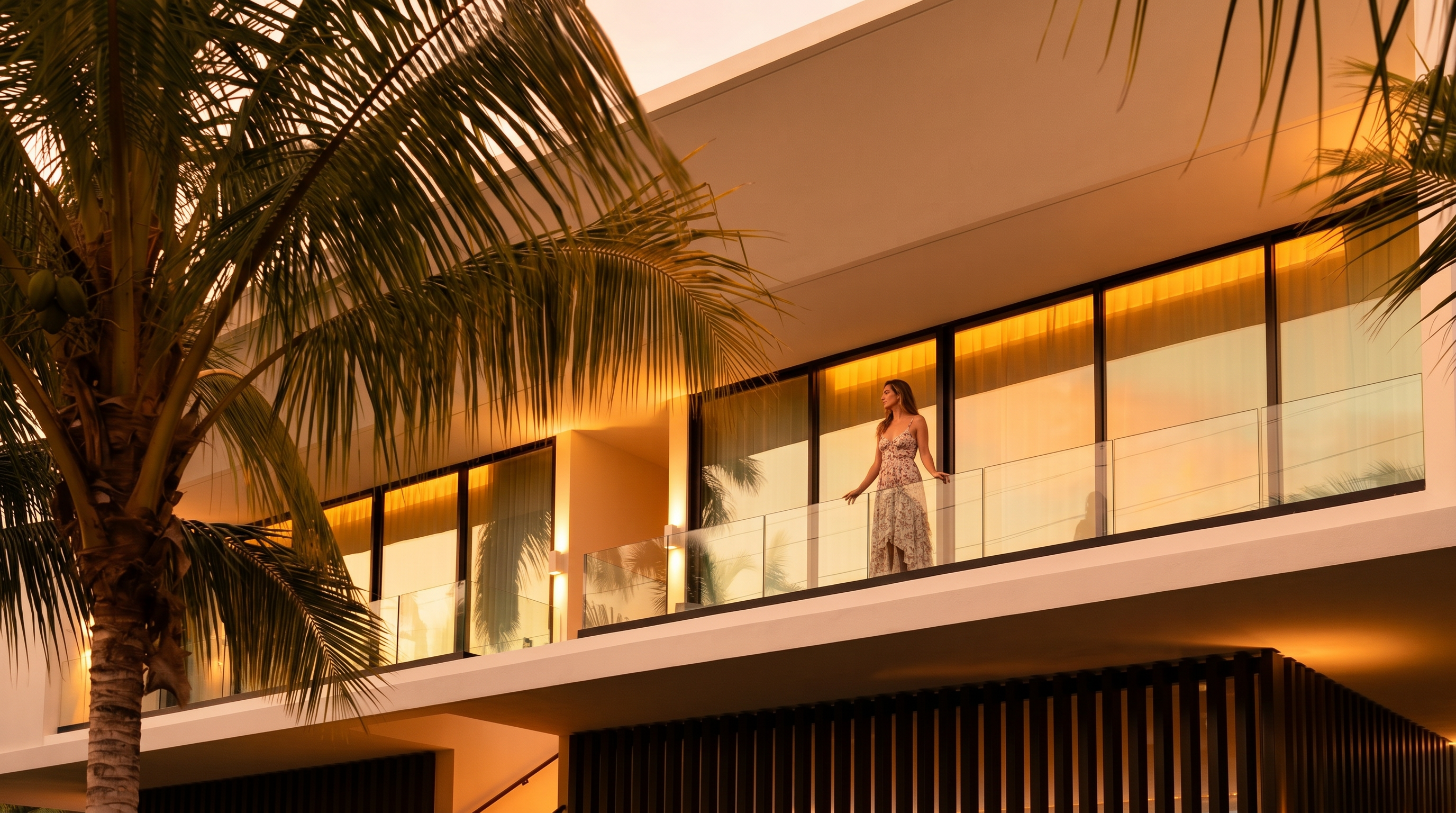 This modern architectural residence features a striking two-story design with clean lines and a prominent cantilevered upper level. The facade is characterized by expansive floor-to-ceiling glass walls, a dark vertical slat screen on the ground floor, and an illuminated staircase leading to the entrance. Lush palm trees frame the structure, creating a tropical and sophisticated atmosphere that highlights the home's contemporary aesthetic.