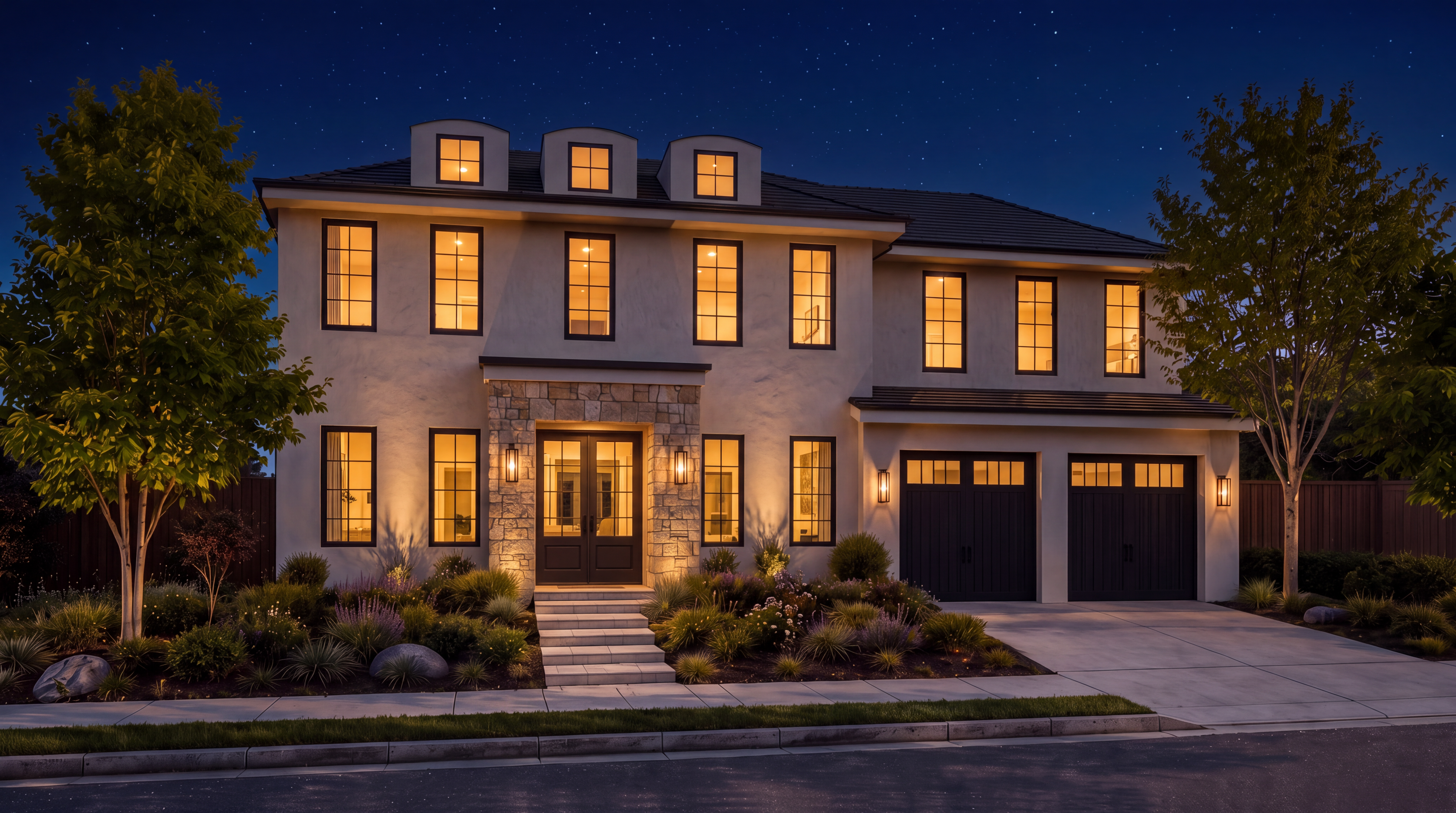 This elegant two-story Mediterranean-style home is captured at twilight, showcasing its illuminated windows and warm landscape lighting. The facade features a beautiful stone entryway, a symmetrical layout with large multi-pane windows, and an attached two-car garage. With lush, well-maintained landscaping and a clear view of the night sky, this property exudes curb appeal and high-end charm.