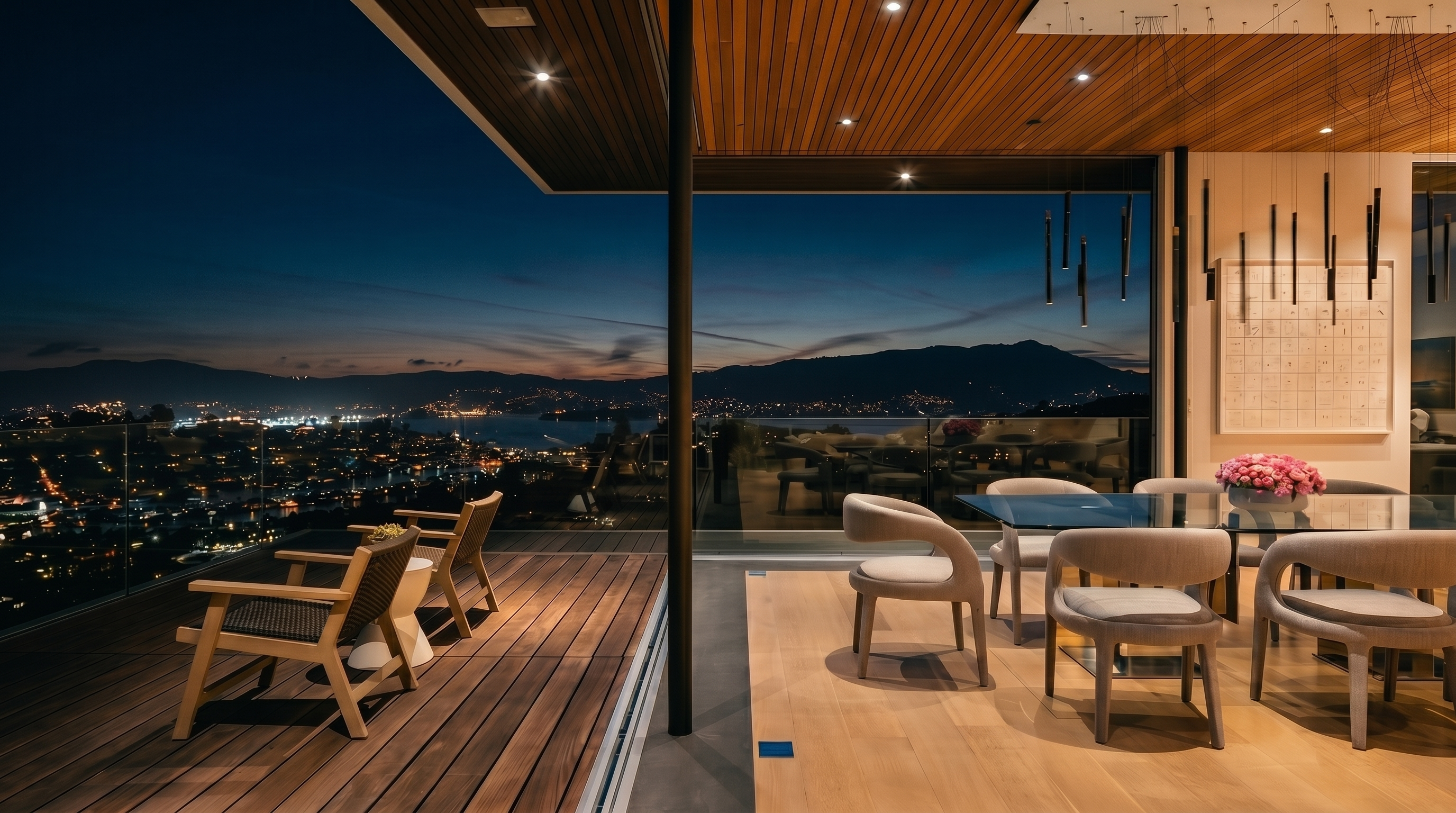 This sophisticated dining area seamlessly transitions to an expansive outdoor deck through large glass sliding doors, offering a panoramic view of the bay and distant mountains at sunset. The interior features light wood flooring and a modern dining set, while the outdoor space includes comfortable lounge seating on a wooden deck. The overall aesthetic is one of luxury and seamless indoor-outdoor living, highlighted by recessed ceiling lighting and a minimalist design.