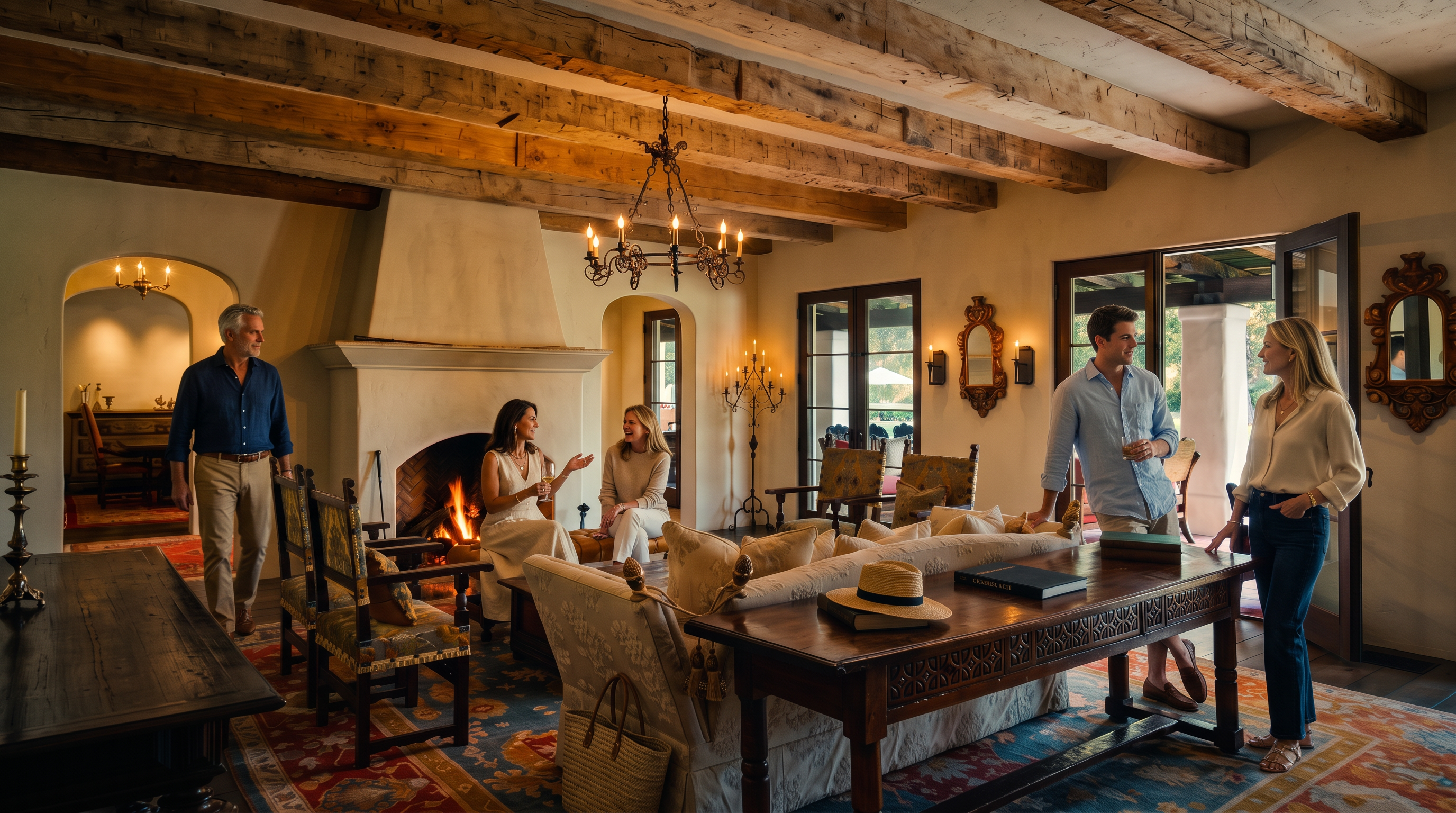 This spacious living room features a rustic aesthetic with exposed wooden ceiling beams and a large, white-plastered fireplace as a central focal point. The room is furnished with a long wooden console table, a plush sofa, and traditional patterned area rugs, creating a warm and inviting atmosphere. Large glass doors provide a seamless transition to the outdoor space, while an ornate chandelier adds a touch of elegance to the room's character.