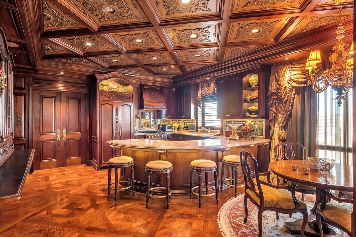 This opulent kitchen features rich, dark wood cabinetry and intricate coffered ceilings with decorative molding. A curved island with a stone countertop provides seating for four, while a formal dining area sits adjacent to the workspace. The room is characterized by its traditional, ornate aesthetic, highlighted by a crystal chandelier and detailed parquet wood flooring.