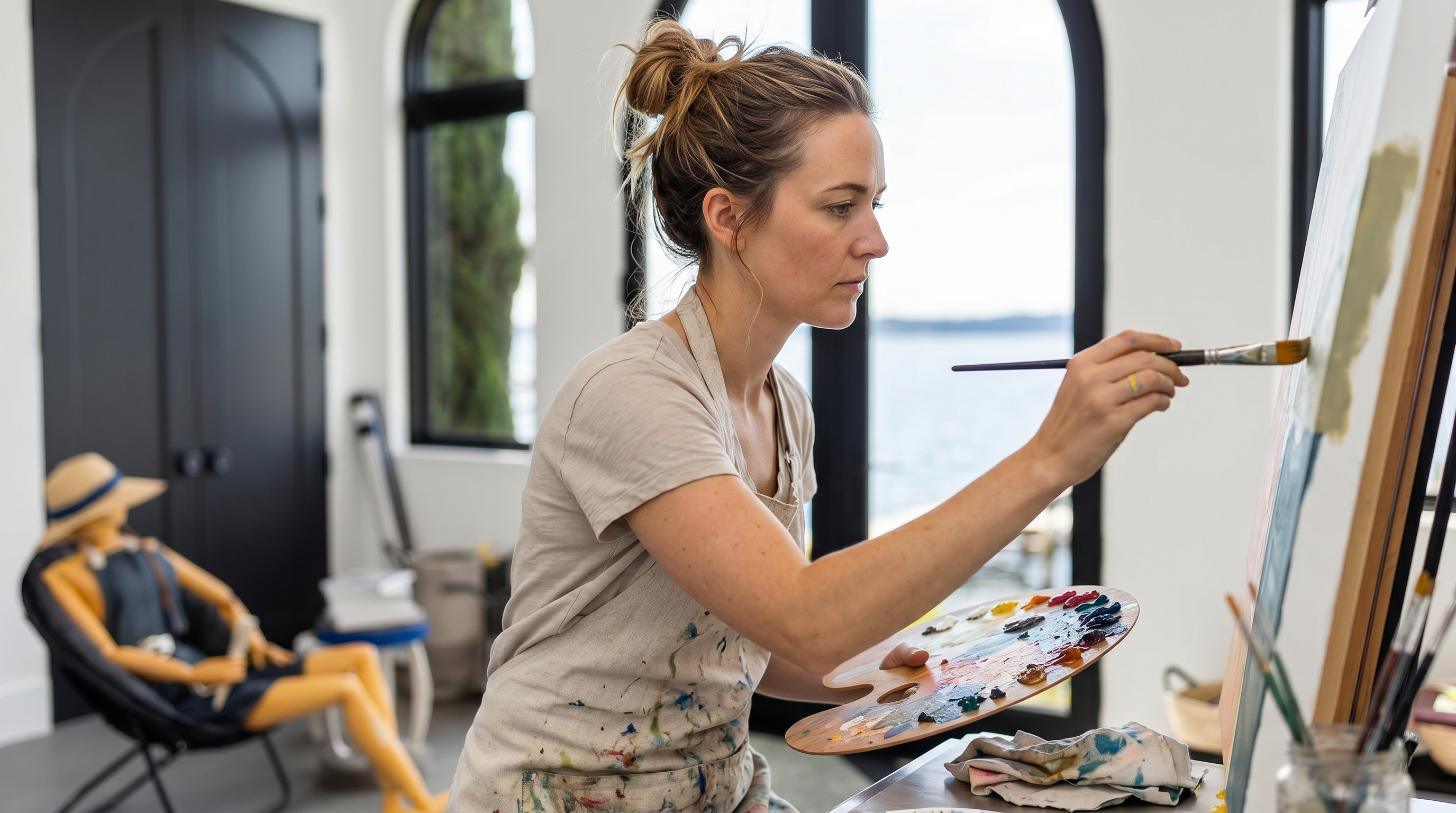 This bright, modern studio space features a striking arched glass door and matching arched windows that frame a serene waterfront view. The room is furnished with an artist's easel, a mannequin, and a metal work table, creating a creative and airy atmosphere. The minimalist white walls and dark-framed windows provide a clean, contemporary aesthetic that highlights the natural light and scenic outdoor surroundings.