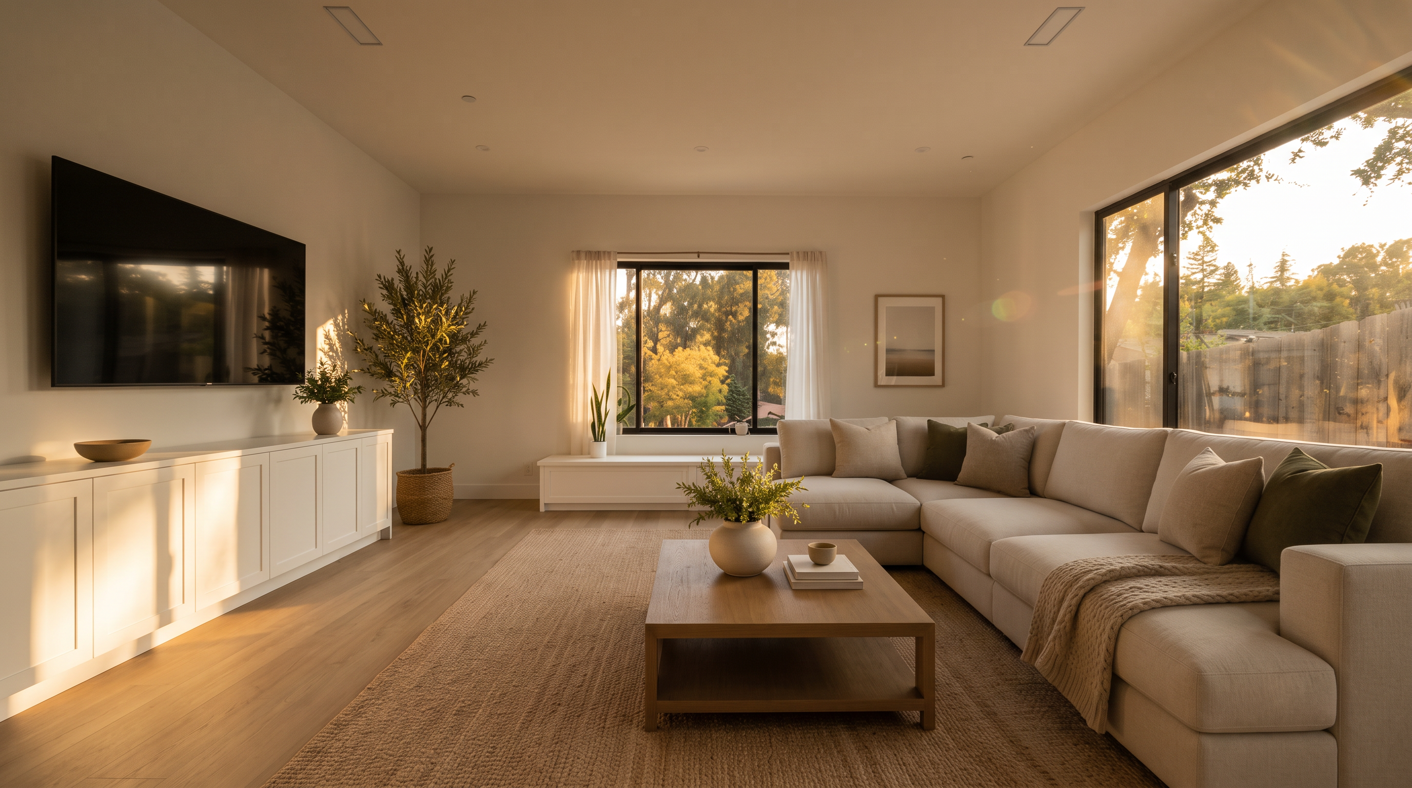 This bright and airy living room features a large, light-colored sectional sofa arranged around a central wooden coffee table on a textured area rug. A long, white media console sits beneath a wall-mounted television, complemented by a tall potted plant and a window bench. The space is finished with light wood flooring and large windows that provide ample natural light and views of the surrounding greenery.
