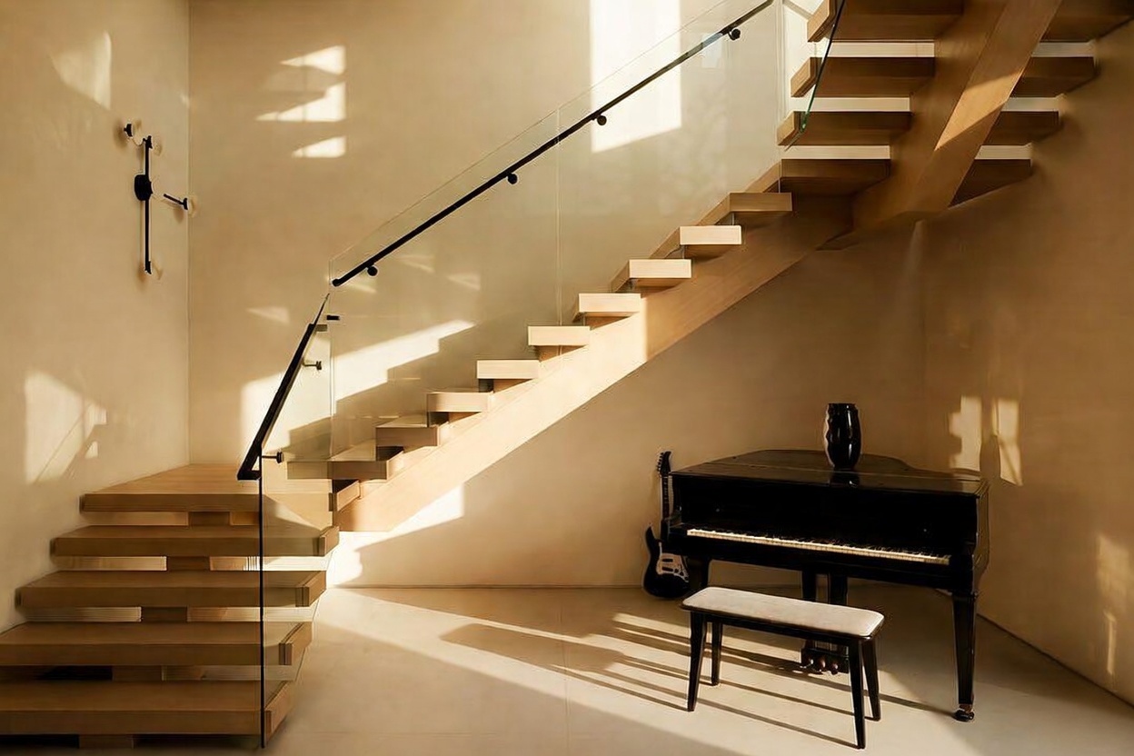 This interior space features a striking floating staircase with light wood treads and a sleek glass railing. A grand piano sits beneath the stairs, adding a touch of elegance to the minimalist, light-filled area. The scene is captured from a low angle, emphasizing the clean lines and the dramatic interplay of light and shadow on the walls.
