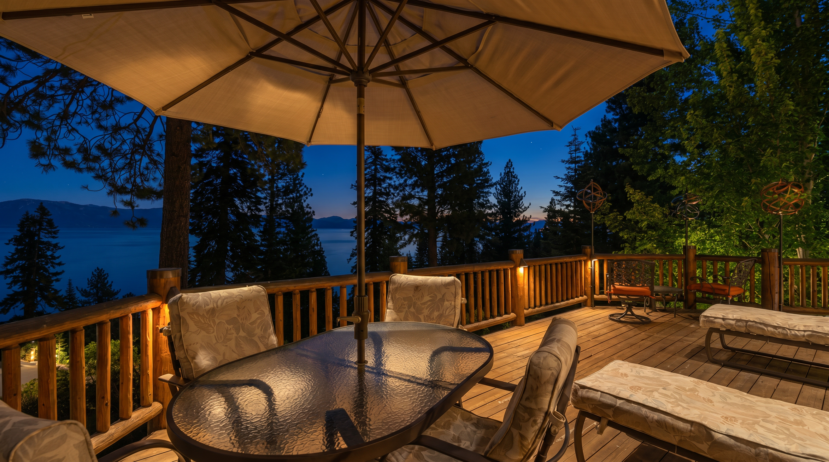 This spacious wooden deck offers a relaxing outdoor living space featuring a dining set shaded by a large umbrella and comfortable lounge chairs. It boasts breathtaking, panoramic views of a tranquil lake and dense forest at dusk, enhancing the home's appeal as a peaceful retreat. The warm lighting integrated into the deck's railing creates an inviting atmosphere perfect for evening enjoyment.