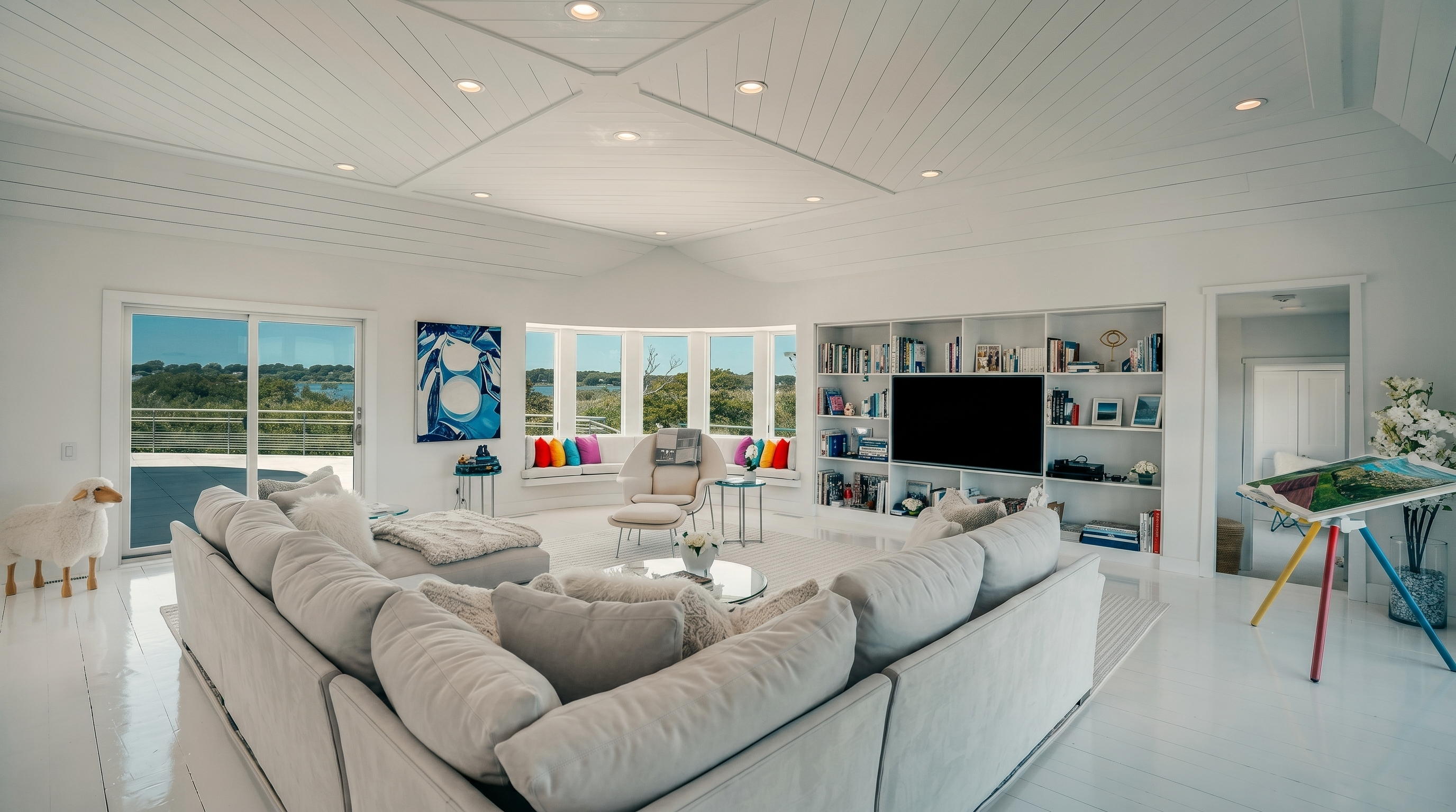 This bright and airy living room features a large, plush white sectional sofa arranged around a central coffee table, set against a backdrop of crisp white walls and a unique geometric paneled ceiling. A built-in shelving unit houses a television and various decorative items, while a bay window area with built-in seating provides panoramic views of the surrounding landscape. The space is accented by vibrant pops of color from throw pillows and artwork, creating a cheerful and inviting atmosphere.