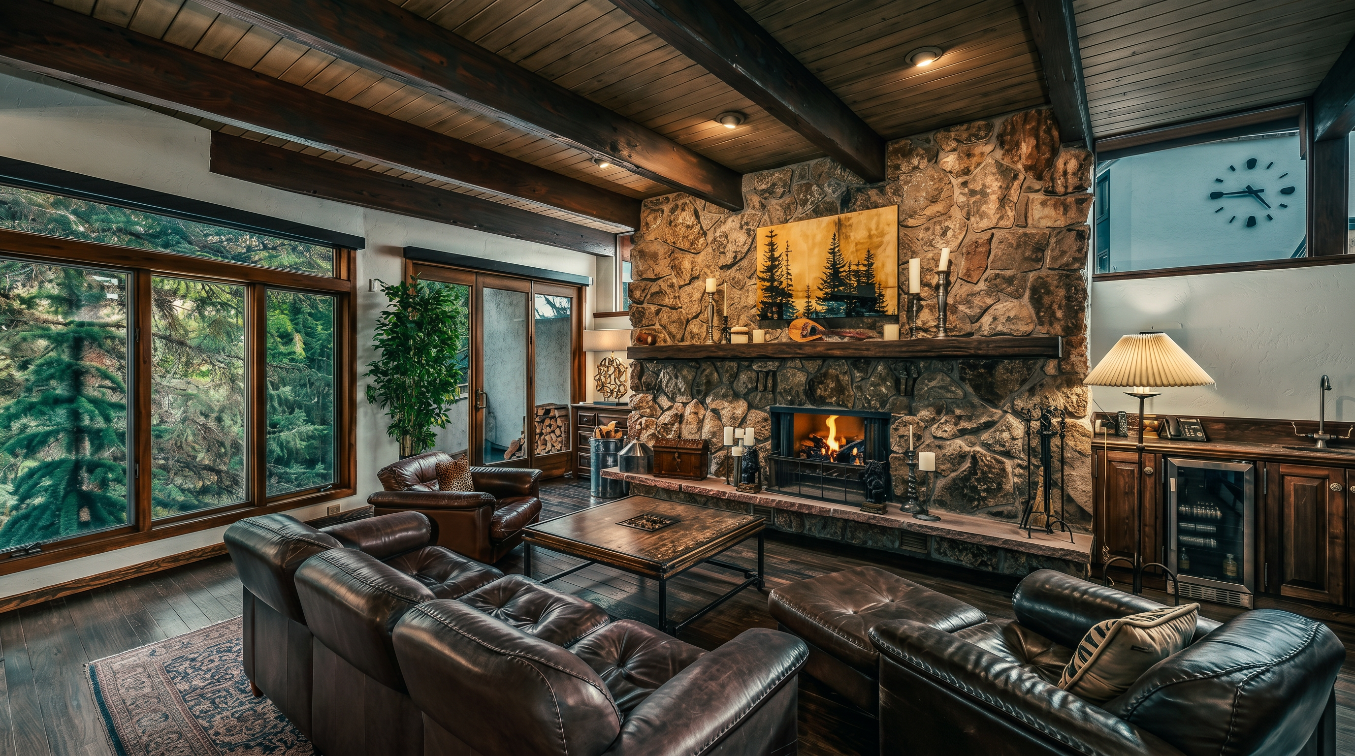 This rustic living room features a prominent stone-clad chimney breast with a wood mantel and a built-in fireplace. The space is anchored by dark leather seating, a wooden coffee table, and exposed wooden ceiling beams that add warmth to the room. Large windows provide views of the surrounding trees, while a wet bar area with a wine cooler sits to the right, creating a cozy and inviting atmosphere.