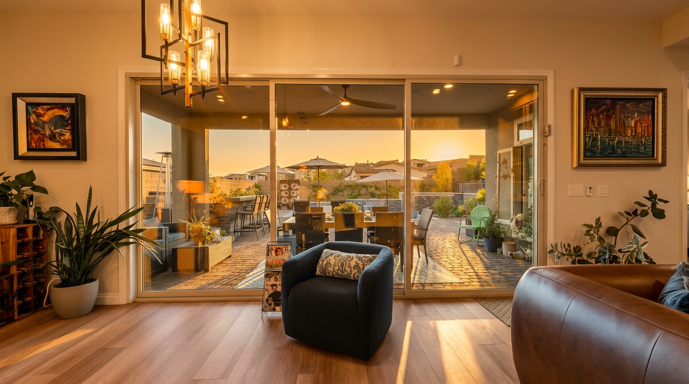 This bright living room features two dark blue armchairs arranged around a wooden coffee table, set against a backdrop of large sliding glass doors that open to a paved patio. The space is decorated with framed artwork on the walls and a modern geometric chandelier, creating a welcoming and open atmosphere. The view through the glass highlights an outdoor dining area, seamlessly blending indoor and outdoor living spaces.
