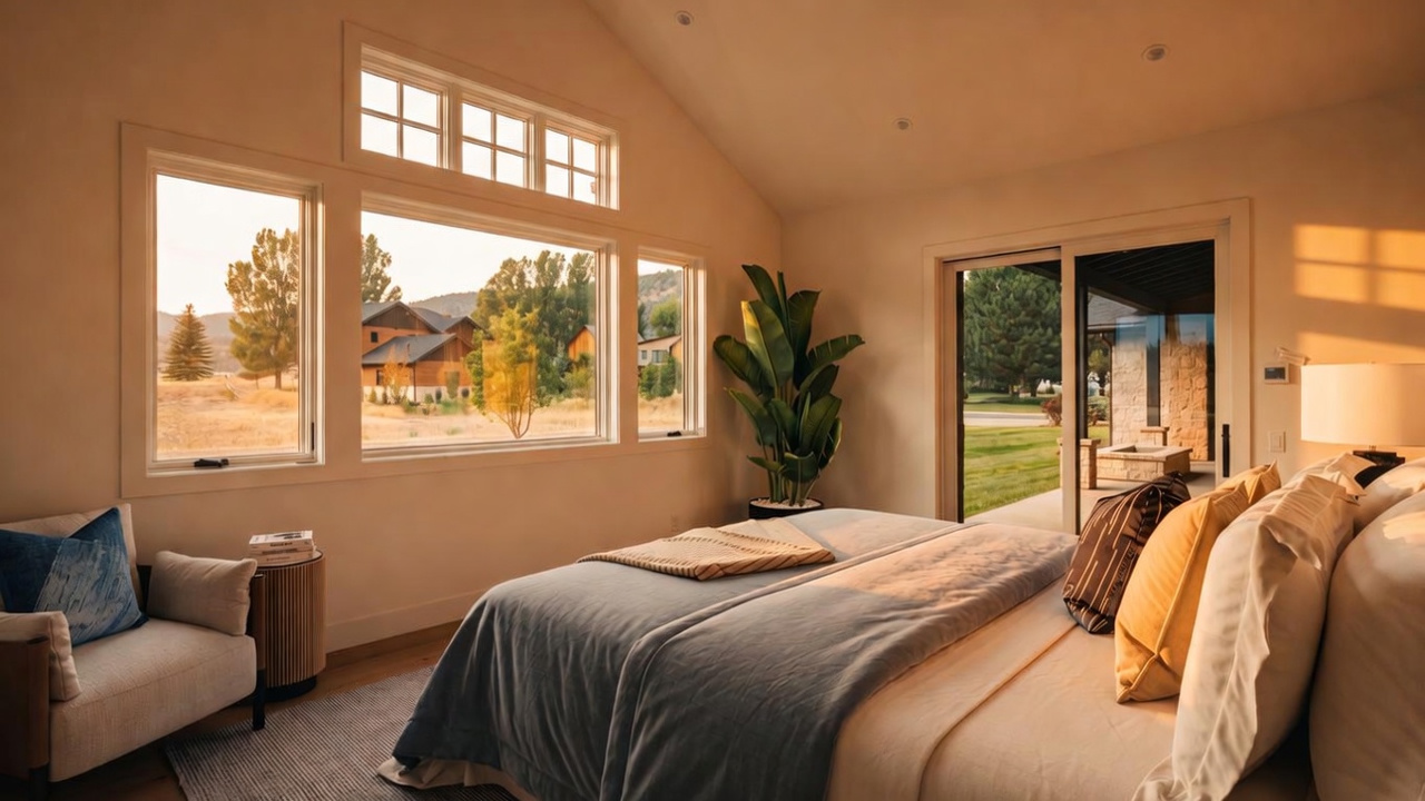 This bright and airy primary bedroom features a vaulted ceiling with a dark ceiling fan and large windows that provide expansive views of the surrounding landscape. The room is furnished with a plush bed dressed in neutral linens, a cozy armchair in the corner, and a textured rug, creating a serene and inviting atmosphere. A sliding glass door leads directly to an outdoor patio, seamlessly blending indoor and outdoor living spaces.