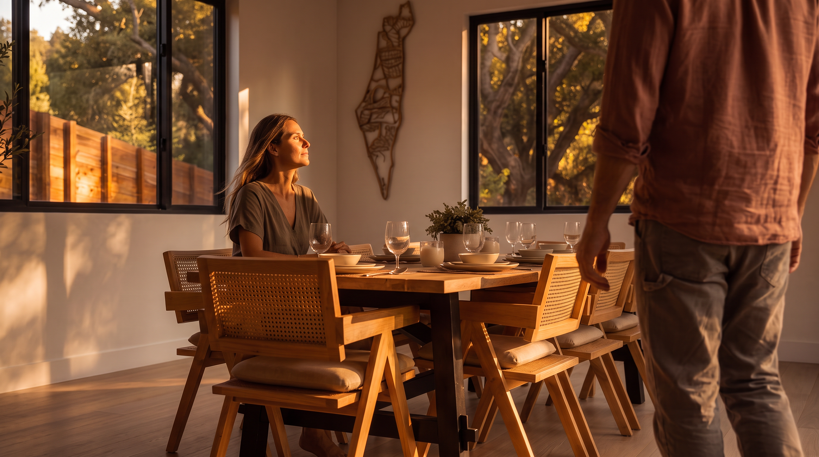 This warm and inviting dining room features a solid wood table surrounded by stylish cane-back dining chairs, illuminated by soft natural light from large, black-framed windows. The space feels intimate and modern, accented by a unique wall art piece and a clean, minimalist aesthetic that creates a perfect setting for family meals. The warm golden hour lighting enhances the cozy, residential atmosphere of the room.