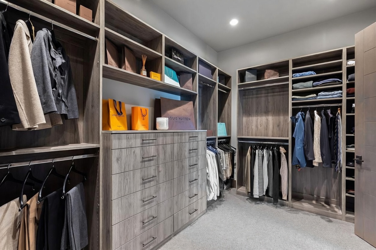 This spacious walk-in closet features custom wood-toned cabinetry with a mix of hanging rods, open shelving, and a central bank of drawers. The organized layout includes dedicated sections for clothing, accessories, and luxury shopping bags, all set against a neutral backdrop with carpeted flooring. The perspective is a wide-angle shot from the entrance, showcasing the ample storage capacity and modern design of the dressing area.