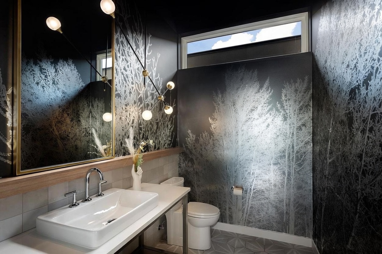 This modern powder room features striking, high-contrast wallpaper depicting a silver forest scene against a dark background. The space includes a sleek, rectangular vessel sink mounted on a light wood vanity, complemented by a large mirror and a contemporary multi-arm light fixture. A transom window above the toilet allows natural light into the room, while the floor is finished with geometric patterned tile.
