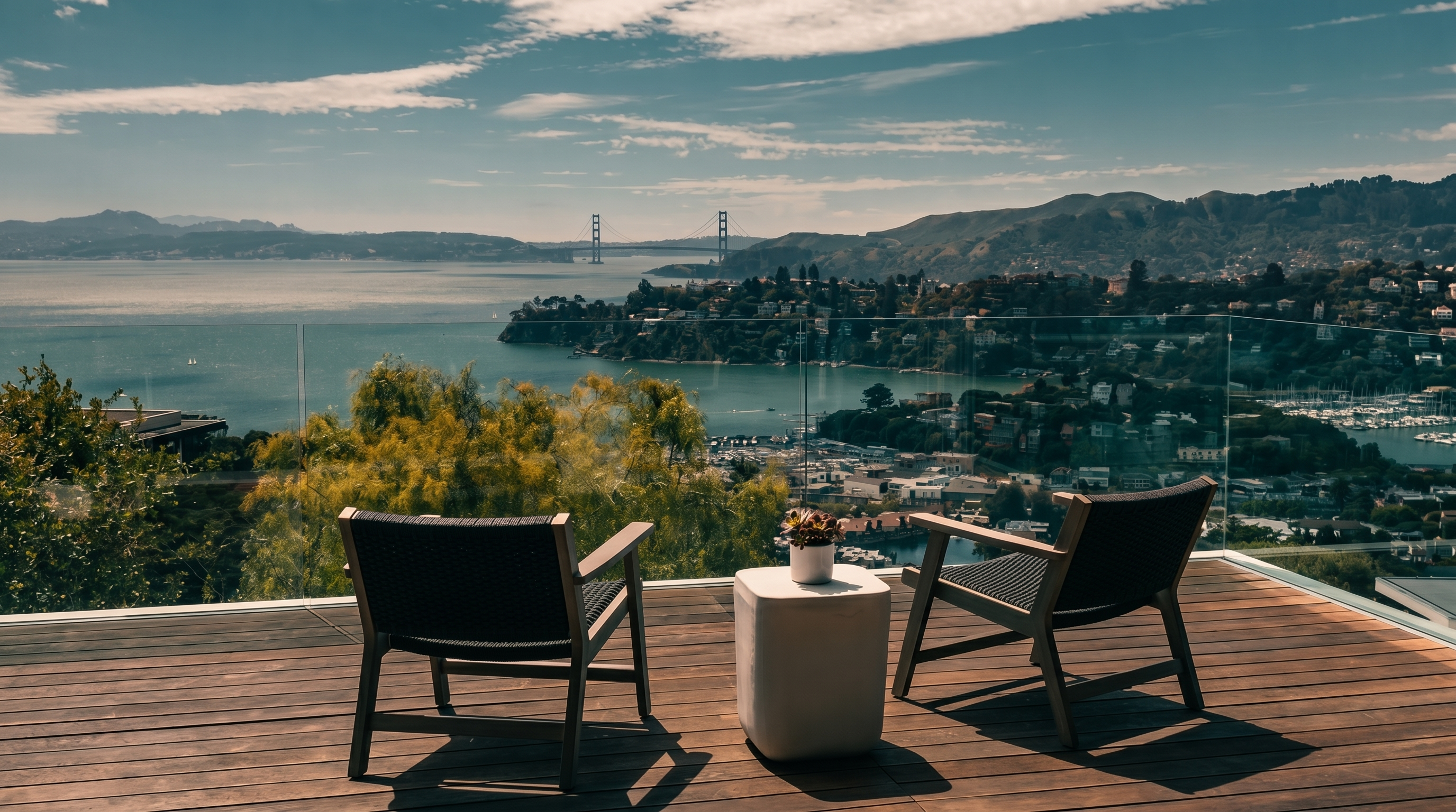 This elevated wooden deck offers a panoramic, cinematic view of the bay, featuring the Golden Gate Bridge in the distance. The space is furnished with two modern, dark-toned chairs and a central white side table topped with a small potted plant. A clear glass railing ensures an unobstructed view of the surrounding hills, harbor, and water below.