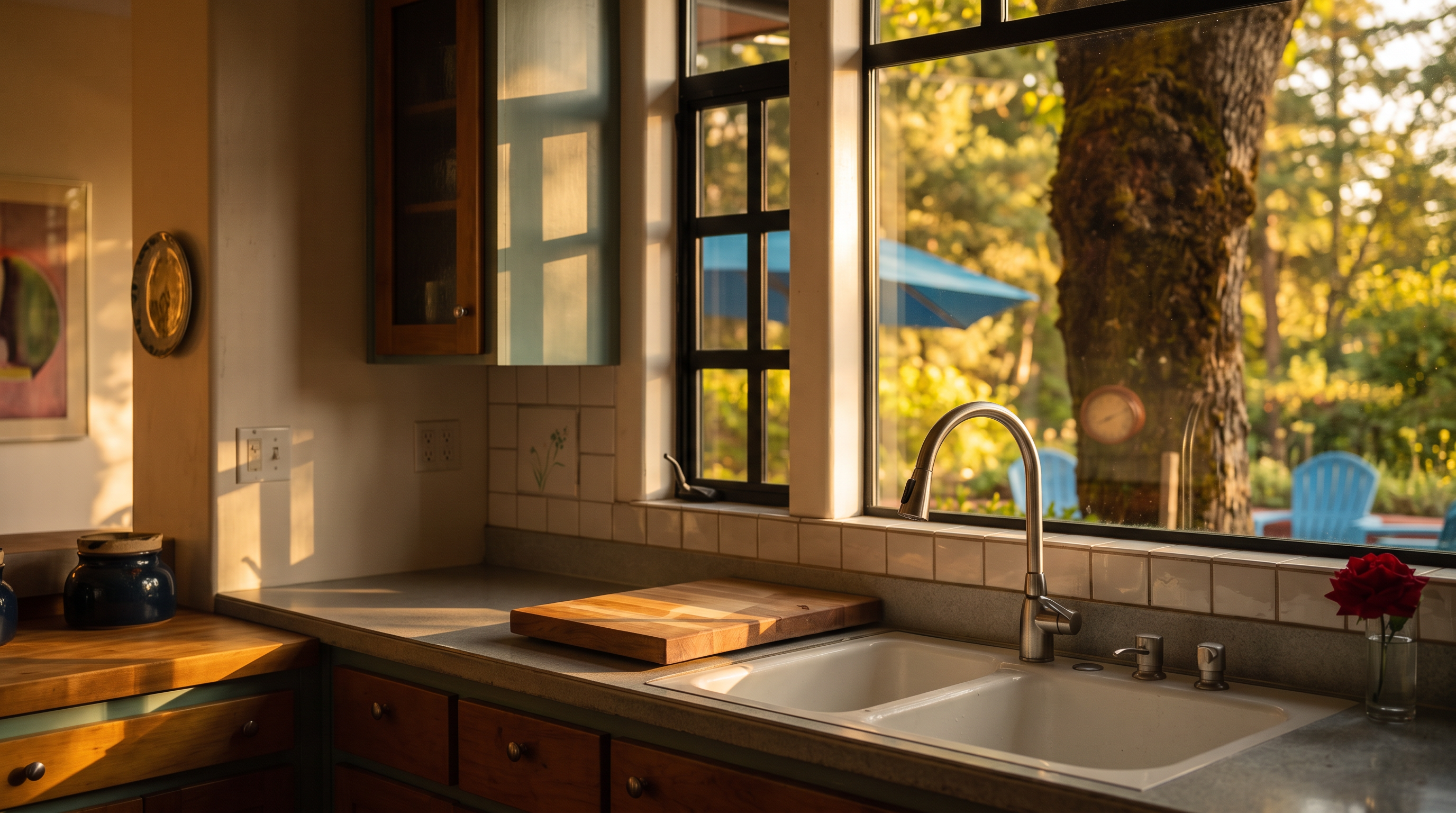 This charming kitchen features a blend of light wood cabinetry and a vibrant green storage unit, complemented by a butcher-block island and countertops. A large window above the sink provides a bright, scenic view of the outdoors, while pendant lights hang above the workspace. The space is well-organized with a professional-style range and hood, creating a warm and functional culinary environment.