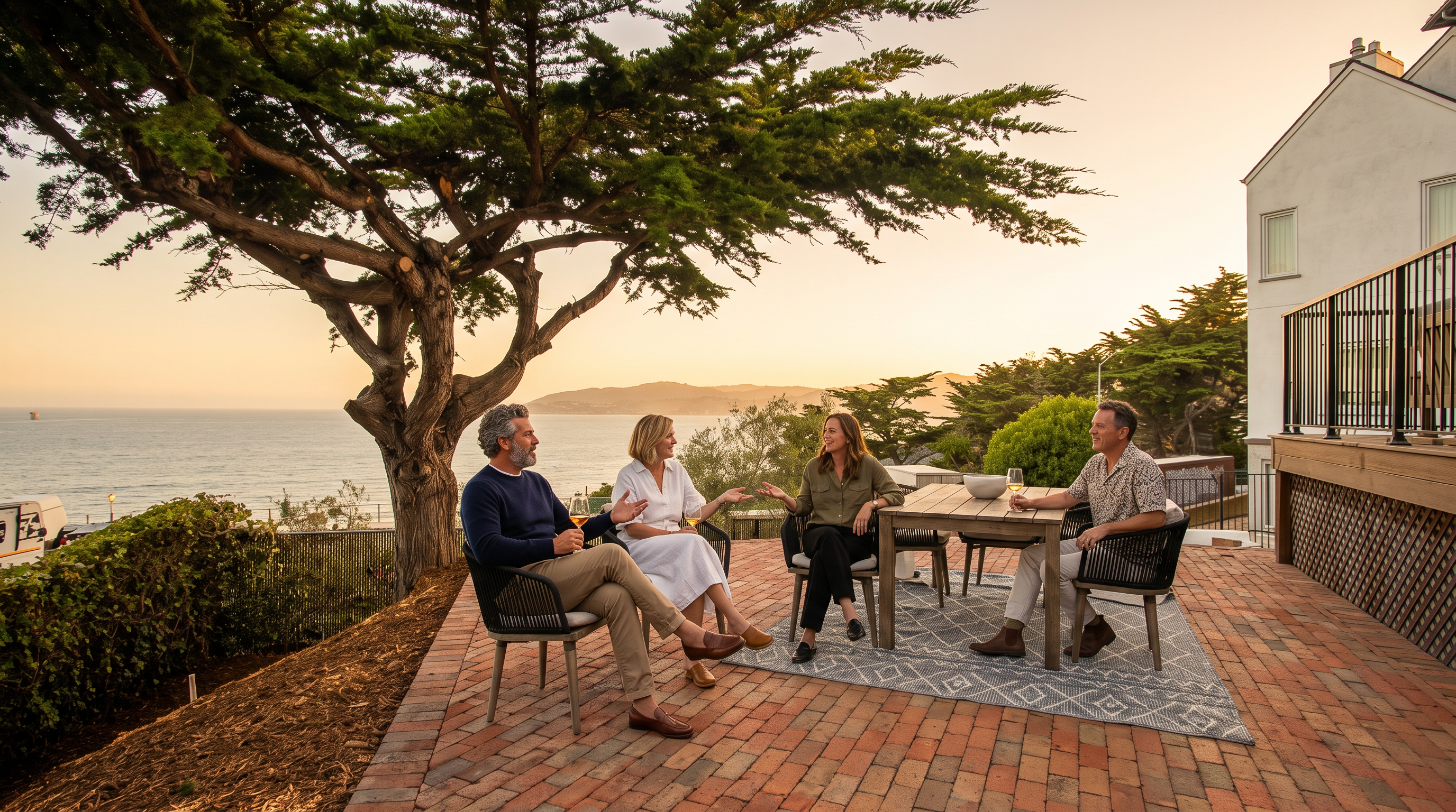 This expansive brick-paved patio offers a stunning, unobstructed view of the ocean and distant coastline. A dining set sits atop a patterned outdoor rug, positioned under the shade of a large, mature tree, while a wooden deck extends from the side of the white-walled home. The scene captures a serene, coastal living environment perfect for outdoor entertaining.
