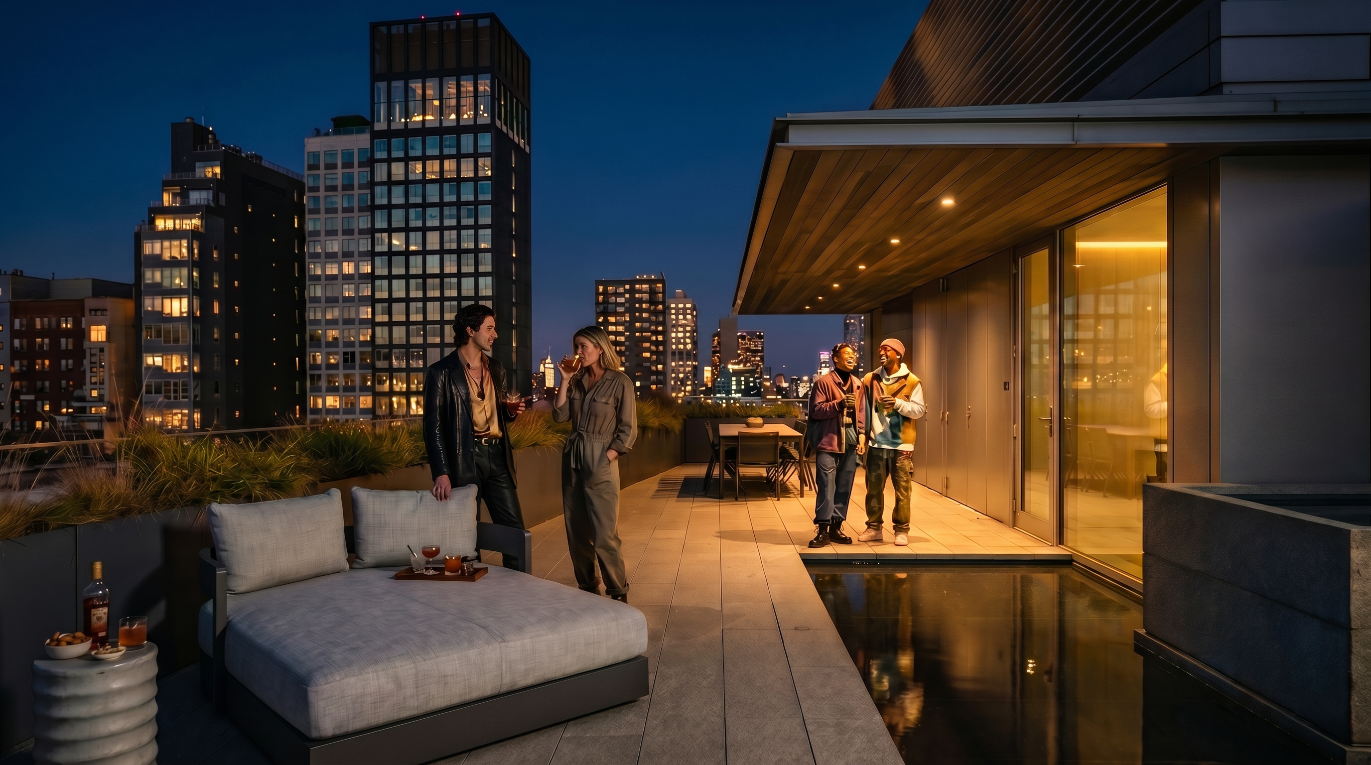 This expansive rooftop terrace offers a sophisticated outdoor living space with a sleek, modern aesthetic and panoramic city views. The area features a comfortable lounge chair, a reflective water feature, and a dining set in the distance, all set against a backdrop of high-rise buildings. The clean lines of the architecture and the thoughtful integration of greenery create a luxurious, serene urban retreat.