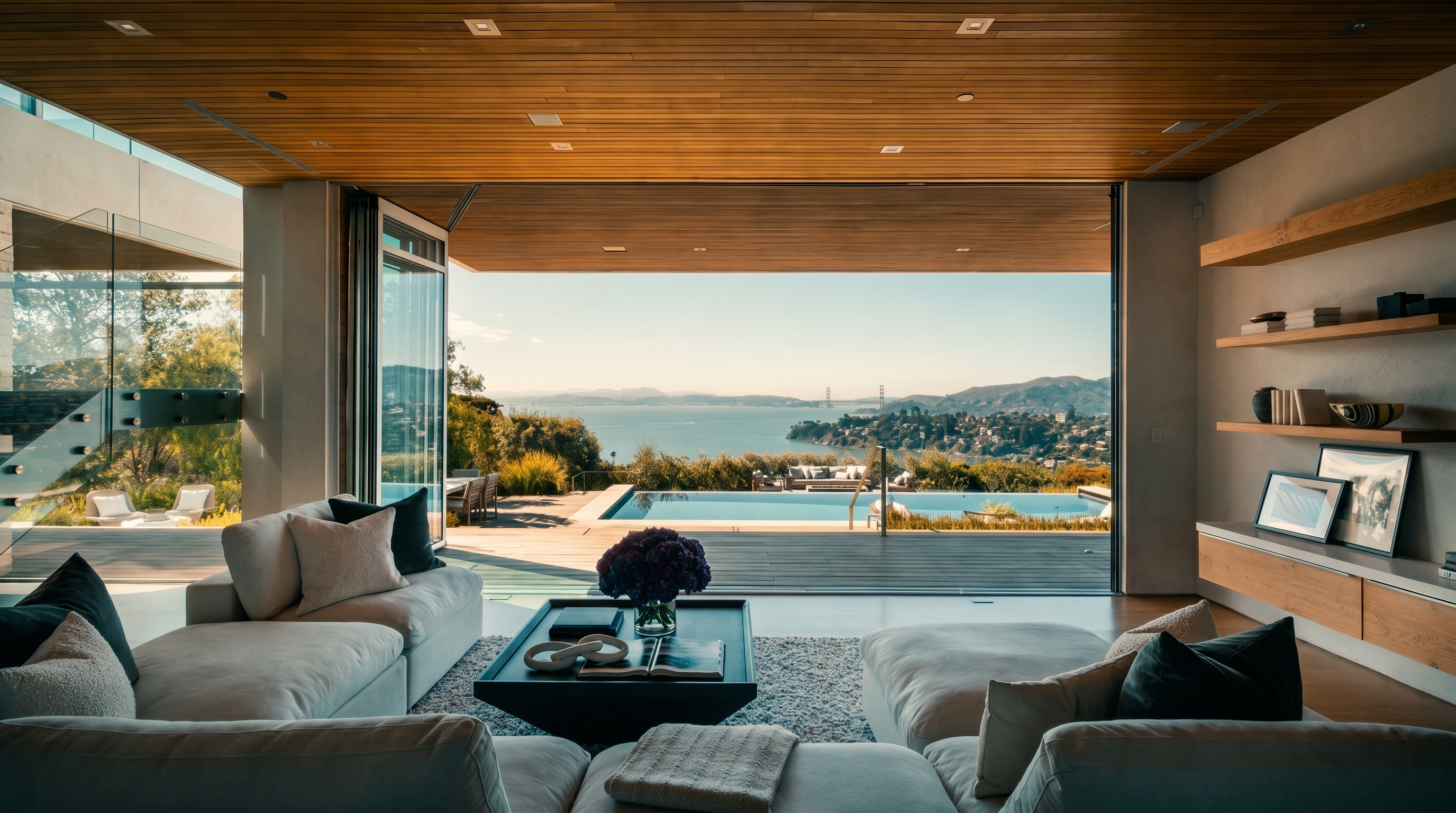 This sophisticated living room features an open-concept design that seamlessly transitions to an outdoor deck through expansive, retractable glass walls. The space is anchored by a plush, light-colored sectional sofa and a central coffee table, all oriented toward a stunning panoramic view of the bay and the Golden Gate Bridge. Natural light floods the room, highlighting the warm wood-paneled ceiling and the minimalist shelving units built into the side wall.