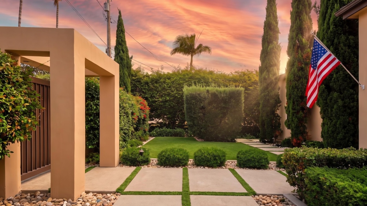 This meticulously landscaped front yard features a modern geometric paver walkway set into a lush green lawn, bordered by river rock beds and manicured shrubbery. A tall, beige architectural pillar frames the left side of the entrance, while a vibrant American flag hangs prominently on the right. The scene is captured from a ground-level perspective, showcasing a clean, well-maintained outdoor space with a tall hedge providing privacy in the background.