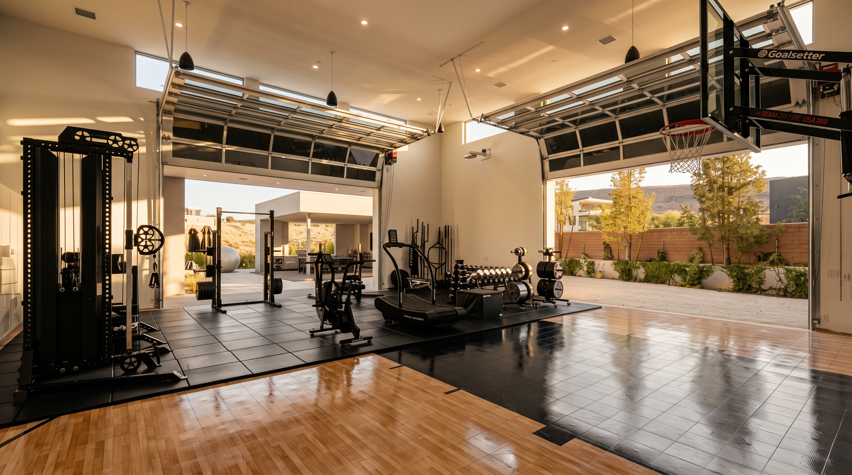 This expansive home gym features a combination of hardwood and rubber flooring, equipped with professional-grade fitness machines including a cable crossover station and a treadmill. Two large, industrial-style garage doors are open, seamlessly connecting the indoor workout space to an outdoor patio and desert landscape. A basketball hoop is mounted above one of the openings, enhancing the multi-functional, high-end athletic nature of the room.