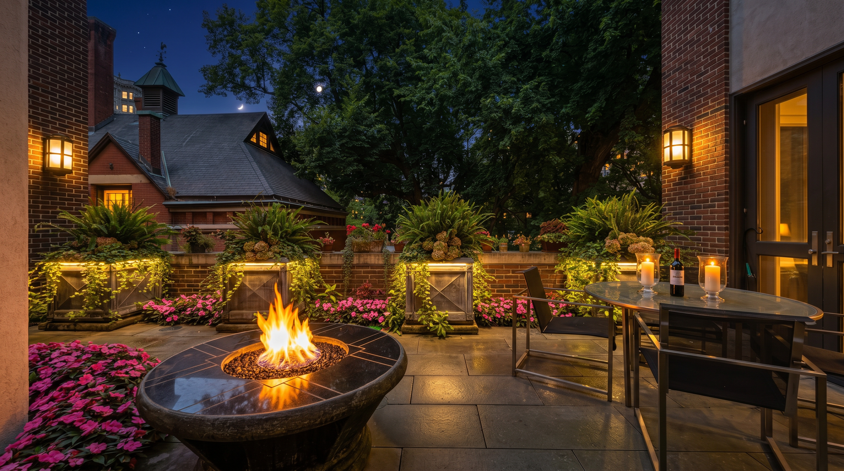 This inviting outdoor patio features stone pavers, a central stone fire pit, and a dining set, creating a perfect space for relaxation or entertaining. The area is framed by brick walls and lush, elevated planters filled with vibrant pink flowers and greenery, offering a private and serene atmosphere. The perspective captures the patio from a low angle, highlighting the contrast between the structured brick architecture and the soft, natural elements of the garden.