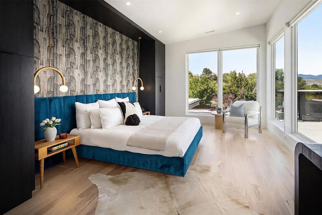 This modern primary bedroom features a bold, deep blue upholstered headboard set against a striking patterned wallpaper accent wall. The room is anchored by light wood flooring and a cowhide rug, with large windows providing ample natural light and a view of the surrounding landscape. A sleek armchair sits by the window, and minimalist gold-toned pendant lights hang above the bedside tables, creating a sophisticated and serene atmosphere.