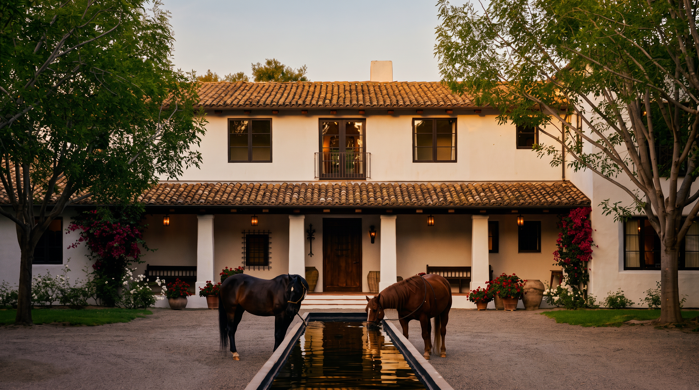 This elegant Mediterranean-style estate features a symmetrical white stucco facade with a terracotta tile roof and a covered porch supported by square columns. A long, narrow reflecting pool serves as a dramatic centerpiece in the gravel courtyard, where two horses are seen drinking from the water. The scene is framed by mature trees and lush landscaping, creating a serene and sophisticated equestrian-inspired atmosphere.